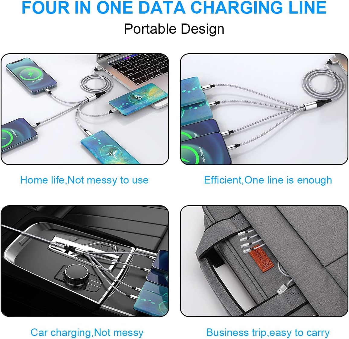 Cable de carga para iPhone de 5.9 ft6 pies Multi 4 en 1 USB Universal Cable de carga rápida Cable de carga múltiple Lightningx2+Tipo C+Micro USB