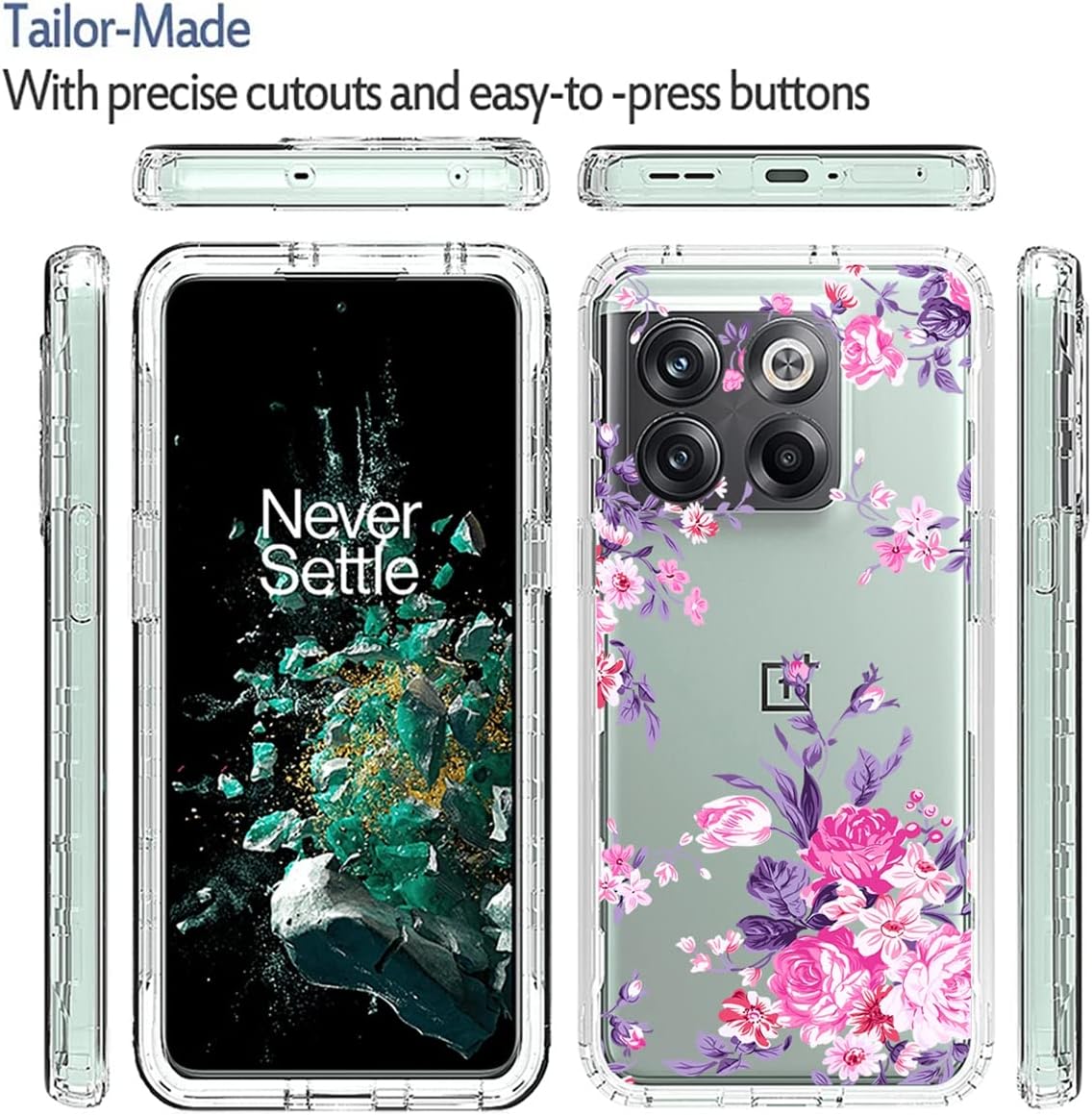 Funda para OnePlus 10T 5GOnePlus Ace Pro, CPH2415 con protector de pantalla de vidrio templado, funda protectora de TPU transparente floral a prueba