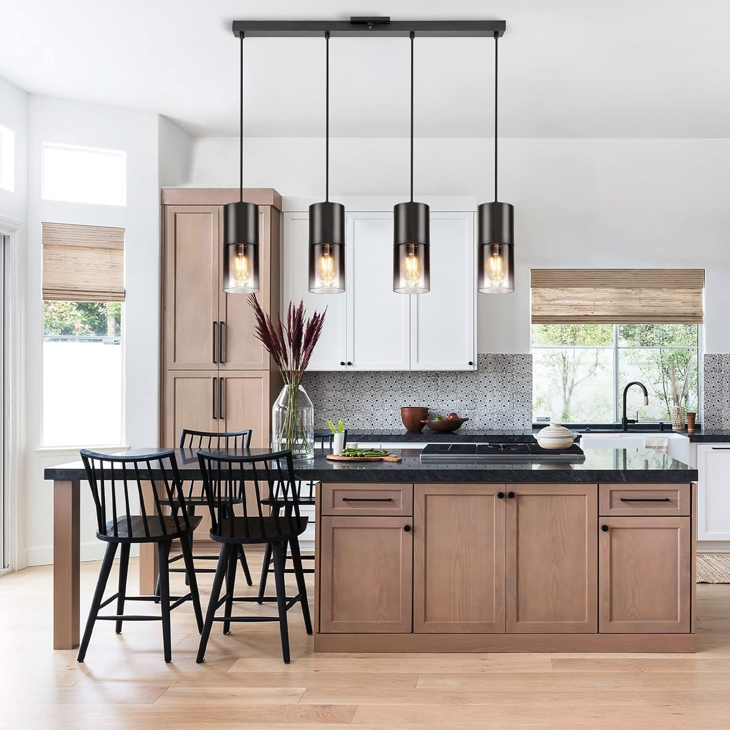 Lámpara colgante de isla de cocina negra, lámpara colgante de cristal negro industrial, 3 bombillas E26, lámparas de araña con cable ajustable de 59