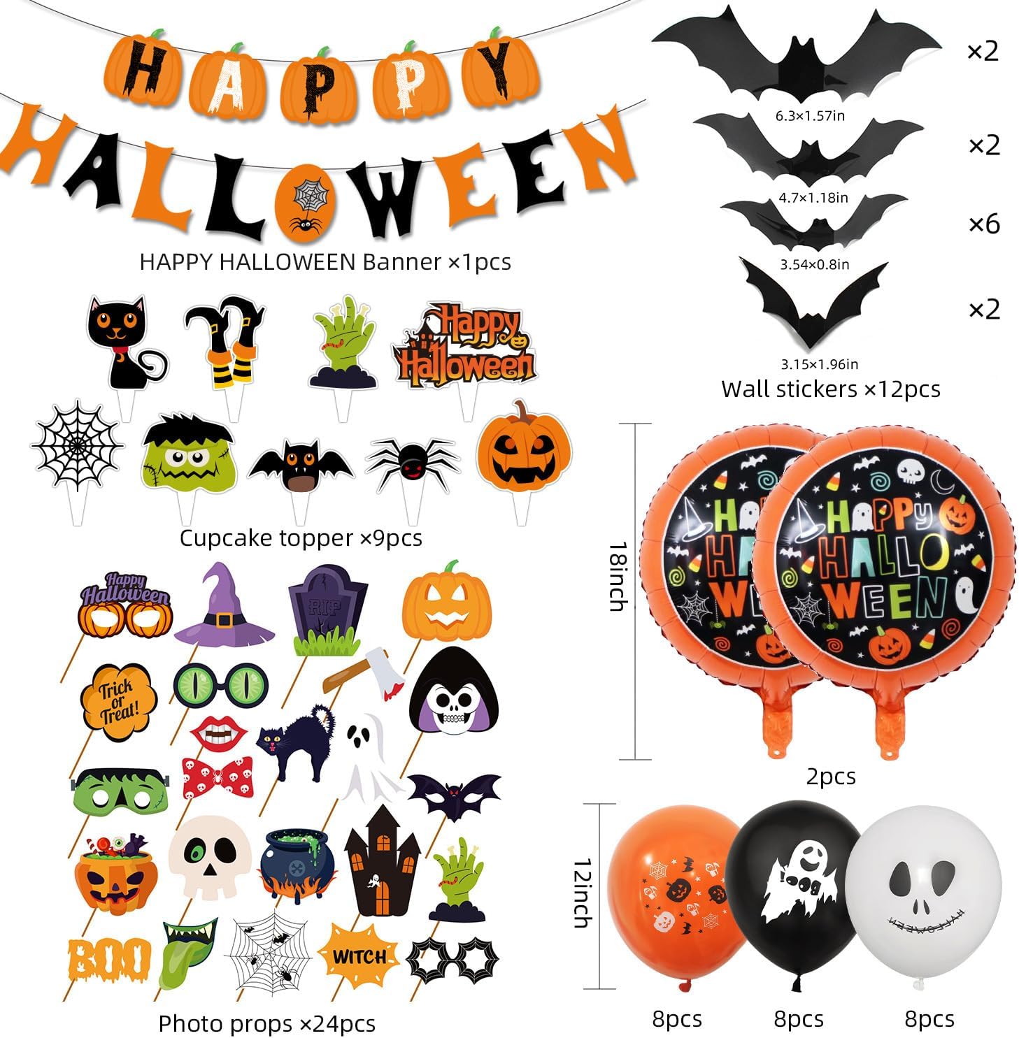 Juego de suministros de globos para fiesta de Halloween, incluye adornos para cupcakes, accesorios para fotos de selfies, pancarta de Halloween,