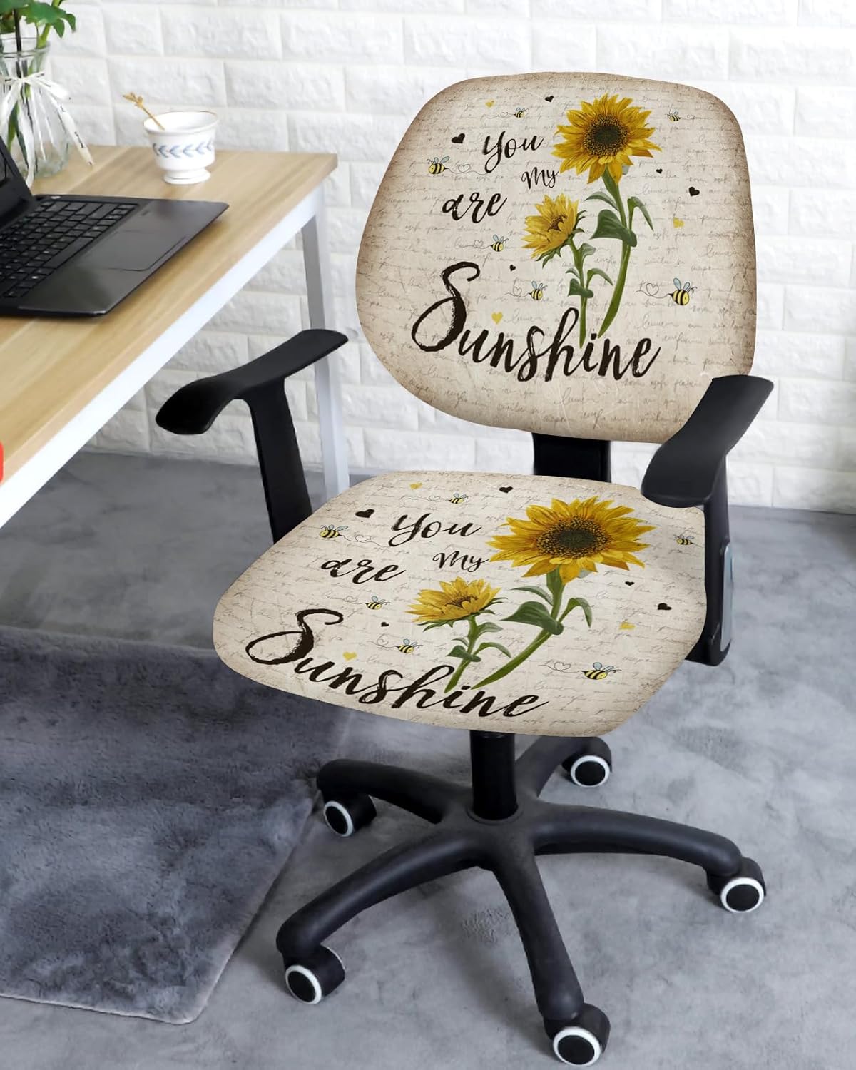 Funda para silla de oficina de computadora, diseño de girasoles y abejas, con texto en inglés “Sunshine Quotes”, funda protectora elástica para