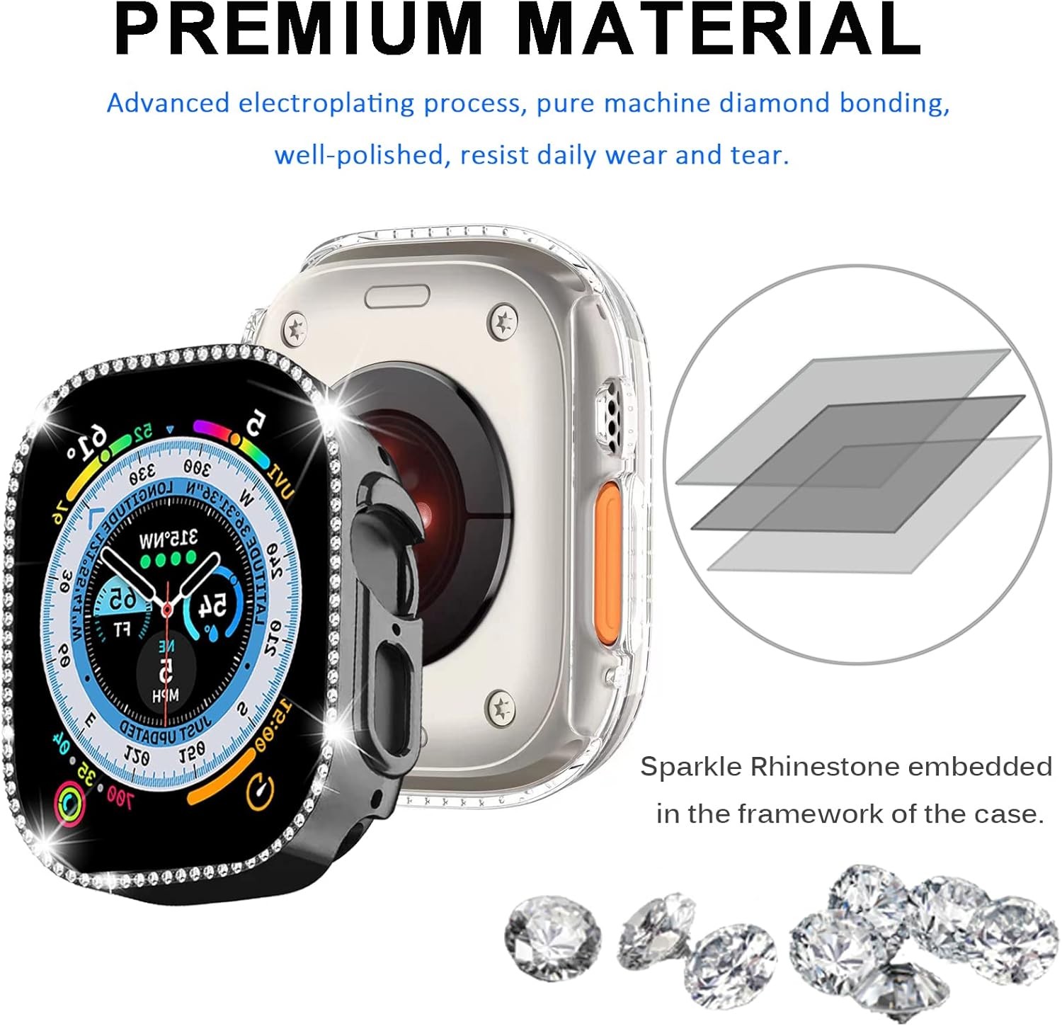 Miimall Funda compatible con Apple Watch UltraUltra 2 de 1.732 pulgadas, con cristales brillantes chapados en diamantes a prueba de golpes, marco