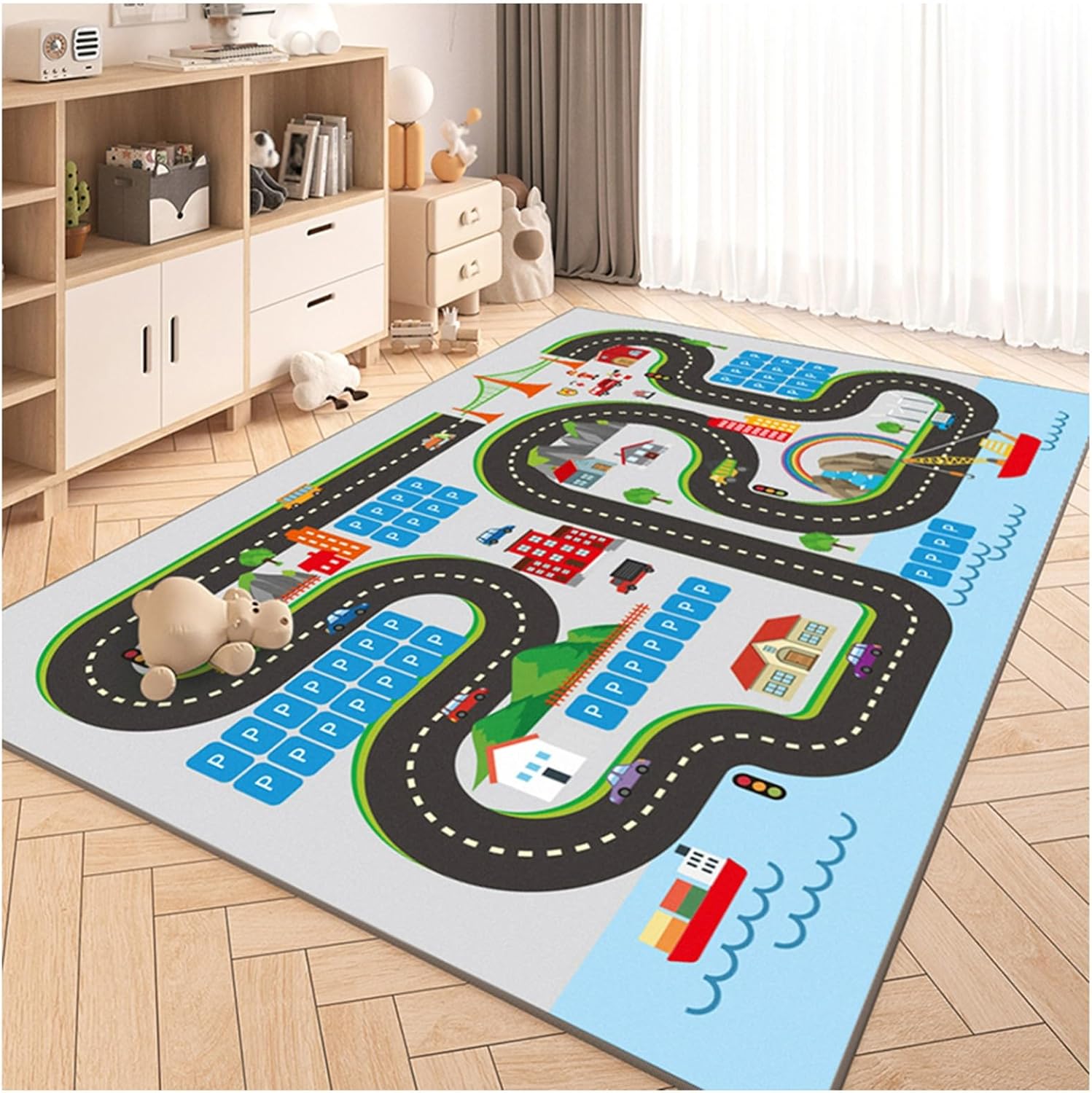 Car Road Play Rugs, 4.6’x6.6′ Parking Lot City Roads Traffic Track Floor Mat Non-Slip Washable City Map Educational Fun Carpet Rugs for Playroom