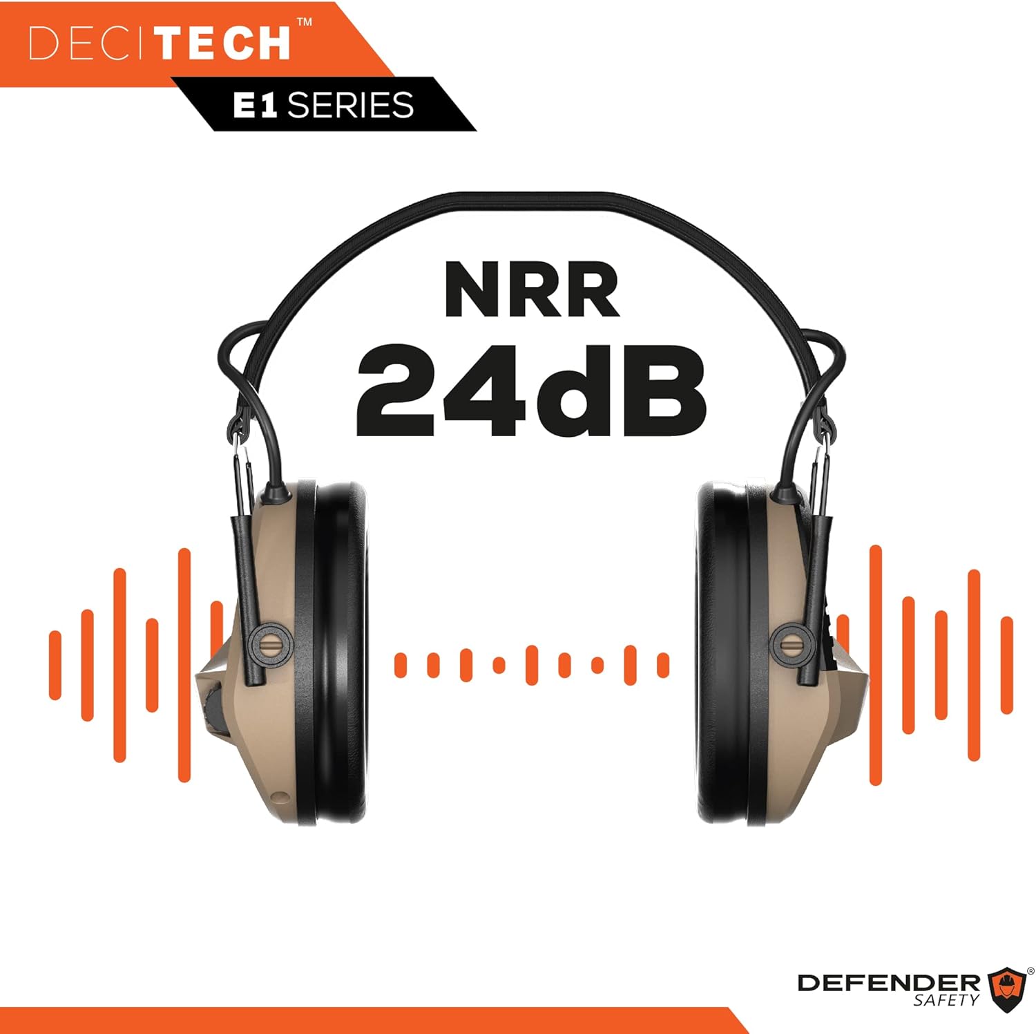 Defender Safety Decitech E1 – Protección auditiva activa electrónica, disparo, rango, caza, orejeras tácticas, 24 NNR clasificado.