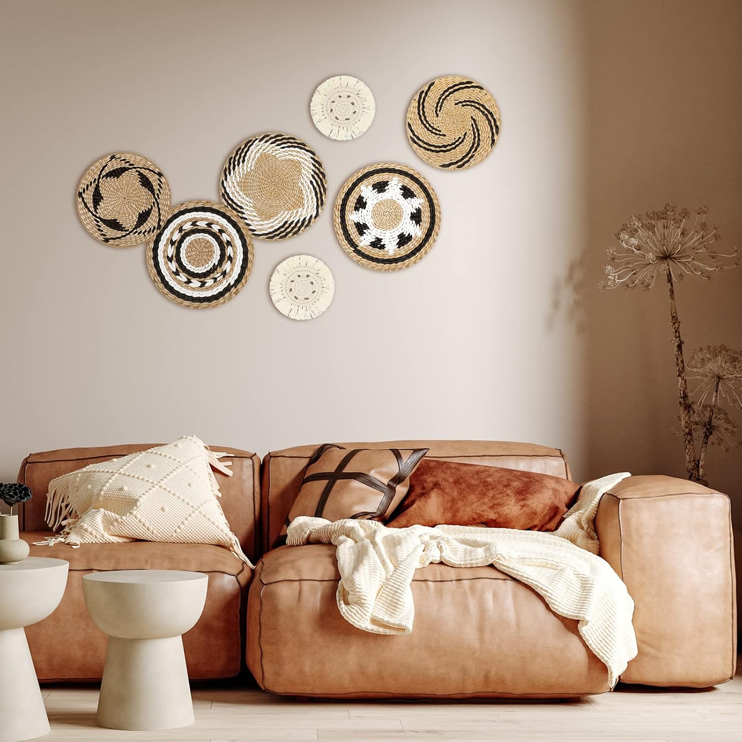Glenmal Juego de 7 cestas de pared bohemias tejidas con diseño de junco, decoración de pared de ratán bohemio, decoración de pared rústica, hecha a