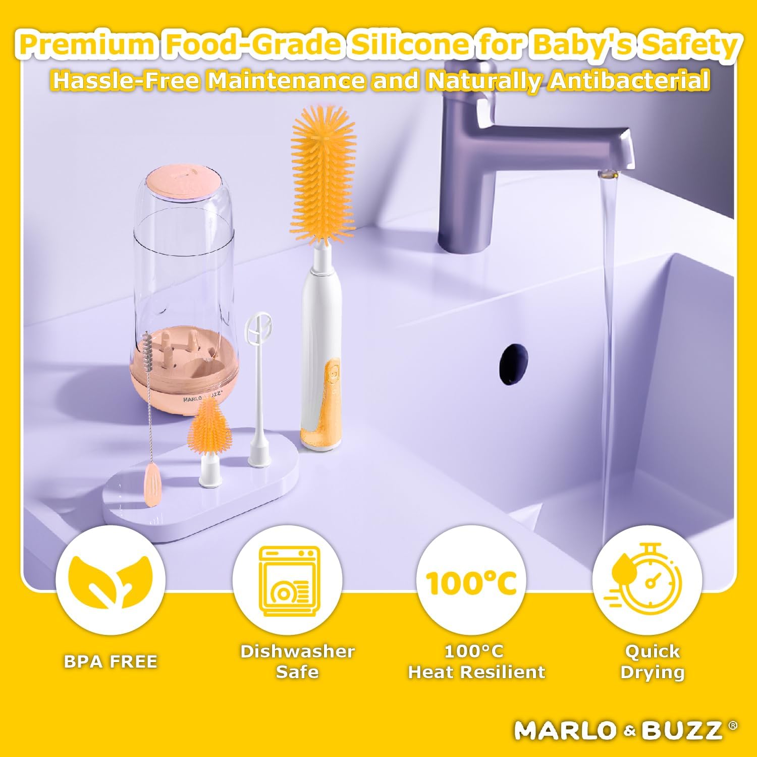 Marlo & Buzz Juego de limpiador eléctrico de cepillos para biberones, cepillos de silicona impermeables recargables con cepillo para biberón grande,