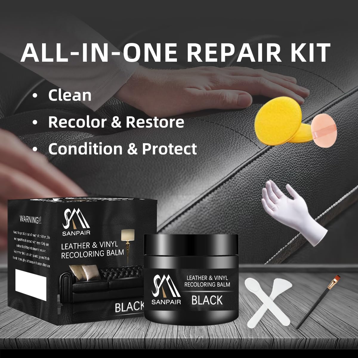 Bálsamo recolorante de cuero negro, restaurador de color de cuero, reparación de arañazos de cuero, bálsamo de cuero, pintura de cuero negro,