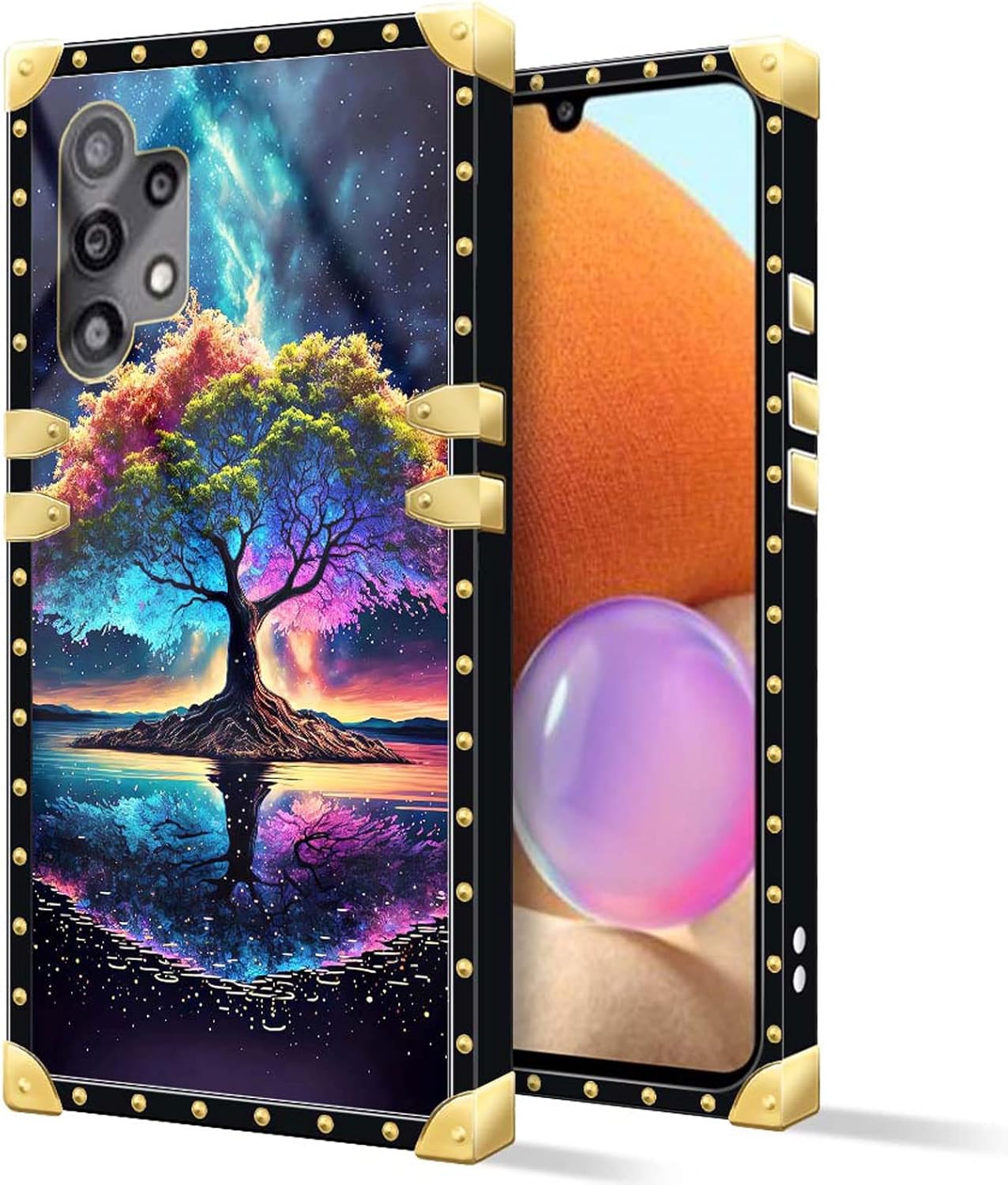 DAIZAG Funda de teléfono para Samsung Galaxy A32 4G Life Tree Energy Funda de teléfono cuadrado dorado suave TPU a prueba de golpes funda protectora