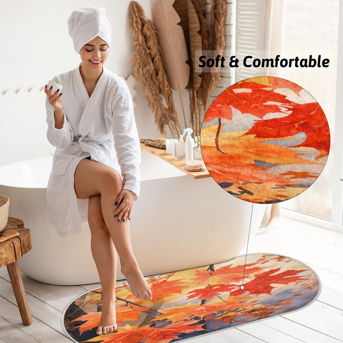 Watercolor Autumn Maple Leaf Tree Bathroom Rugs Non-Slip Bath Rug Microfiber Bath Mat Absorbent Kitchen Mats and Rugs Machine Washable Oval Plush