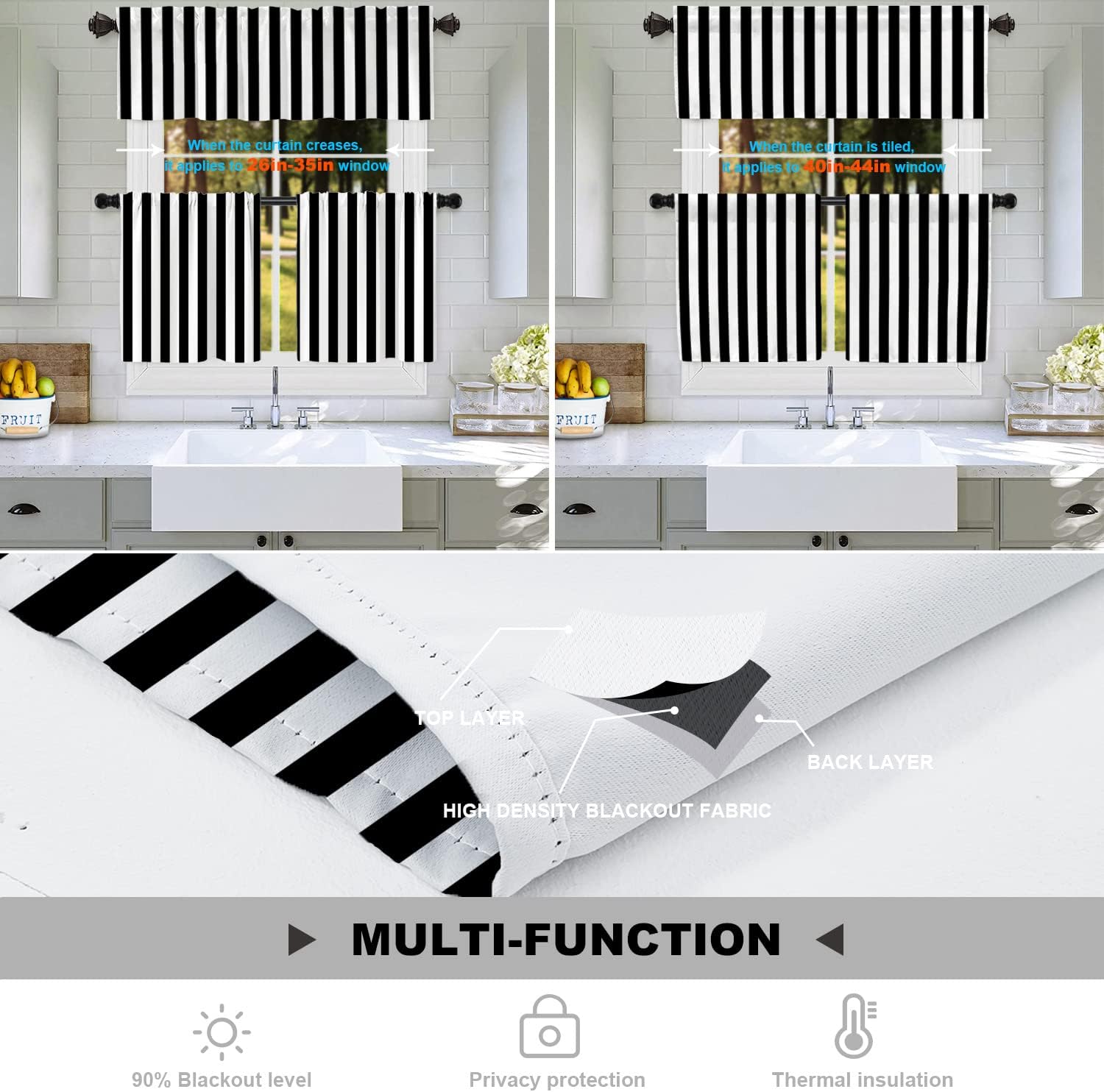 Batmerry Cortinas negras modernas y sencillas a rayas, con diseño geométrico de cebra en negro y blanco, cortina de cocina corta de poliéster para