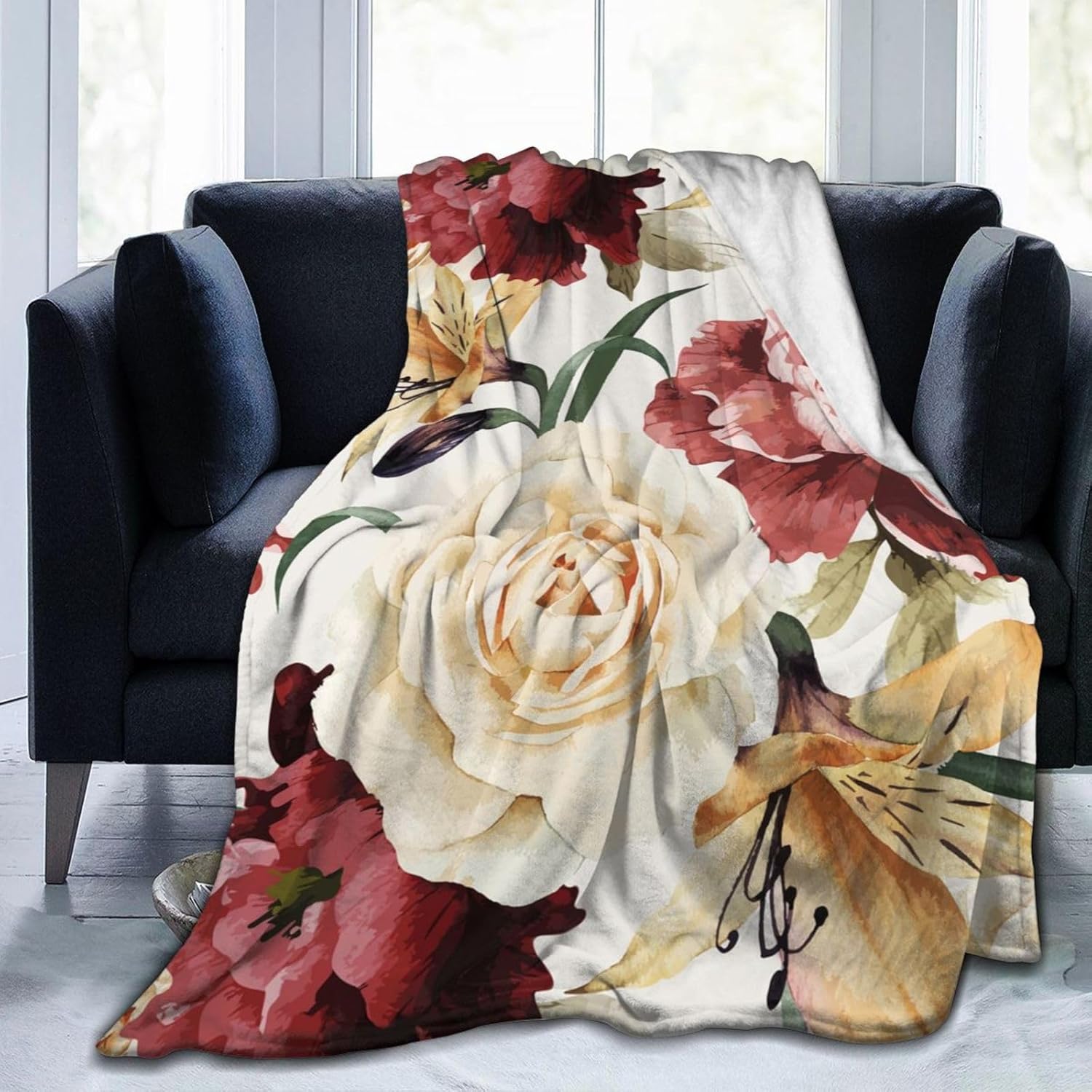 Manta de cama con diseño floral de rosas en acuarela, ultra suave, para todas las estaciones, cálida, ligera, acogedora manta de felpa para el