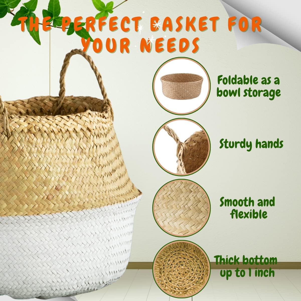 LiloCraft – Cesta para plantas de hierba marina (tamaño 9 x 8 pulgadas, patrón fondo negro) Solución de almacenamiento para decoración del hogar con