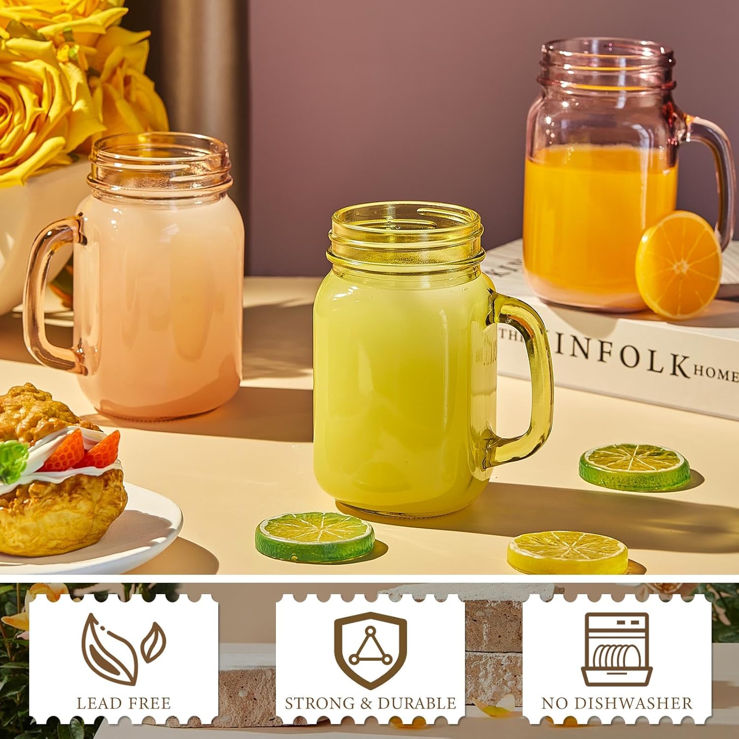 12 tarros Mason de colores de 16 onzas con asa, vasos para beber bebidas frías, decoración de almacenamiento, recuerdos de fiesta, cócteles, 6