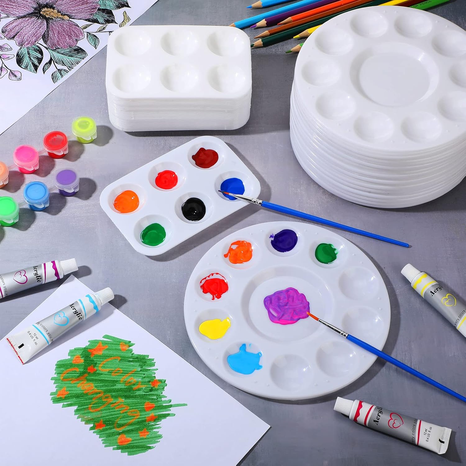 60 bandejas de pintura de plástico para niños y estudiantes, 30 paletas de pintura circulares blancas, 30 piezas rectangulares para pintura de