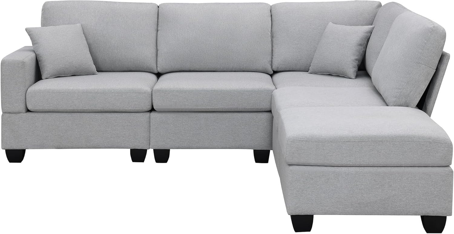 Juego de sofá esquinero de tela de lino en forma de L, moderno sofá modular con otomana convertible y 2 almohadas, juego de sofá modular de 5