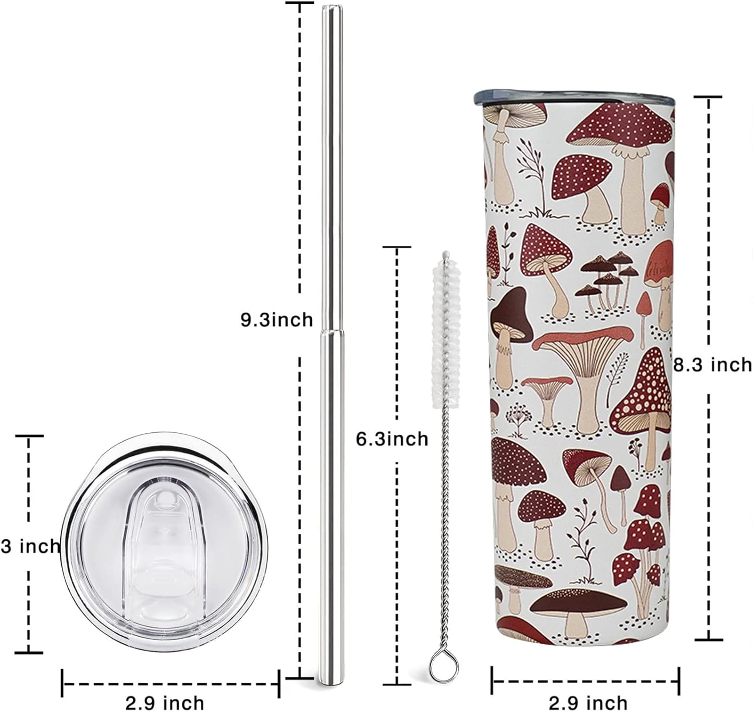 Yuzlin Vaso de hongos con tapa y pajita, de acero inoxidable, de 20 onzas, vaso delgado con diseño de hongos, taza de viaje, lindo vaso de café,