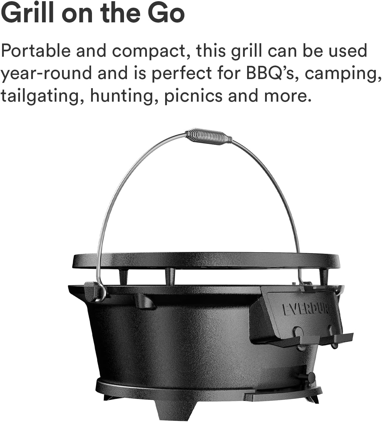 Everdure Parrilla redonda de hierro fundido y cubierta, para exteriores, portátil, 2 en 1, parrilla de mesa y plancha – 100% hierro fundido,