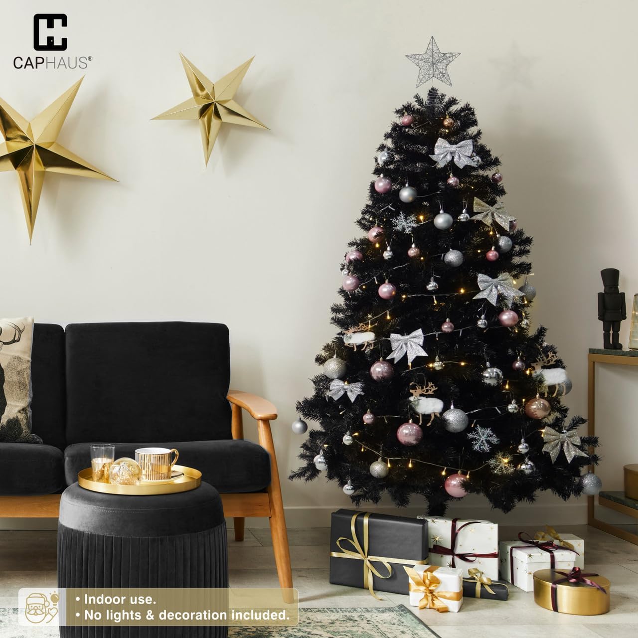 CAPHAUS Árbol de Navidad artificial negro, 4.5 pies con soporte plegable, prebisagras, 398 puntas de rama completa de alta calidad, árbol de Navidad