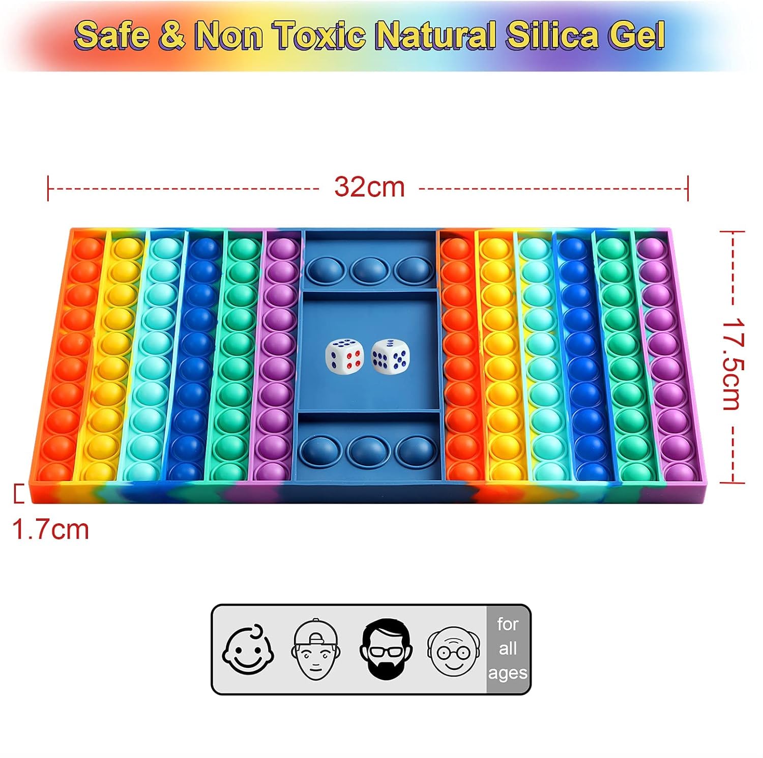 Juguete grande para ansiedad con dados, tablero de ajedrez arcoíris, juguete sensorial de burbujas de silicona para padres e hijos, niños grandes y
