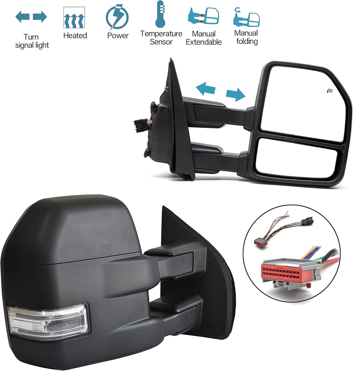 Espejos de remolque aptos para Ford F150 2020 2019 2018 2017 2016 2015 Pickup Truck LED Luz de señal de giro Sensor de temperatura con calefacción