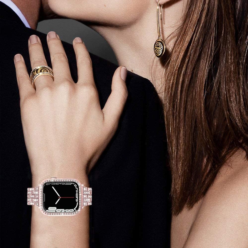 Miimall Compatible con Apple Watch Series 987 de 1.61 y 1.77 pulgadas, correa brillante con funda para mujeres y niñas, correa de repuesto de metal