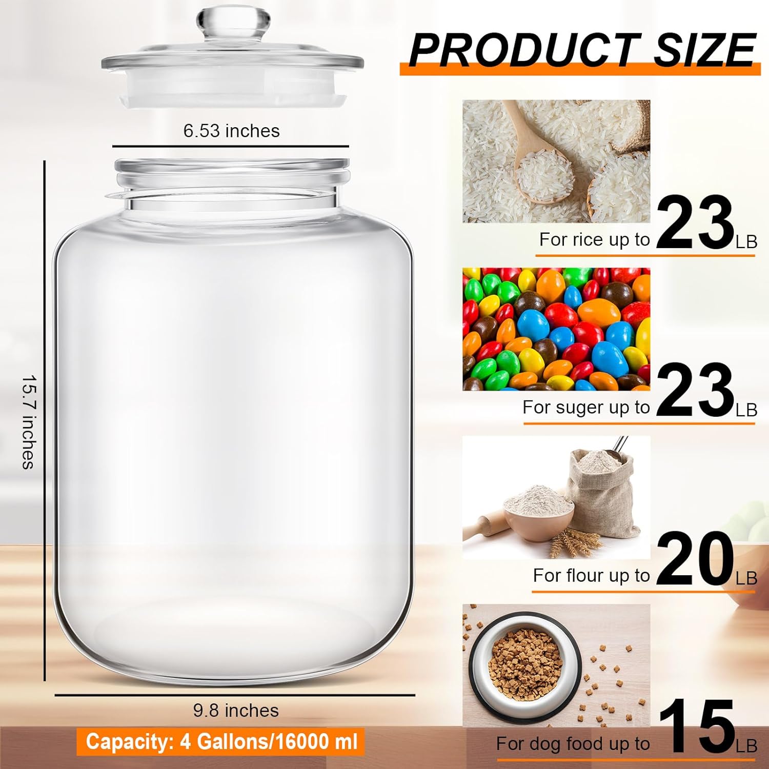 Tarro de vidrio de 4 galones con tapa, tarro grande para galletas con gran apertura, recipiente hermético para almacenamiento de alimentos, tarros