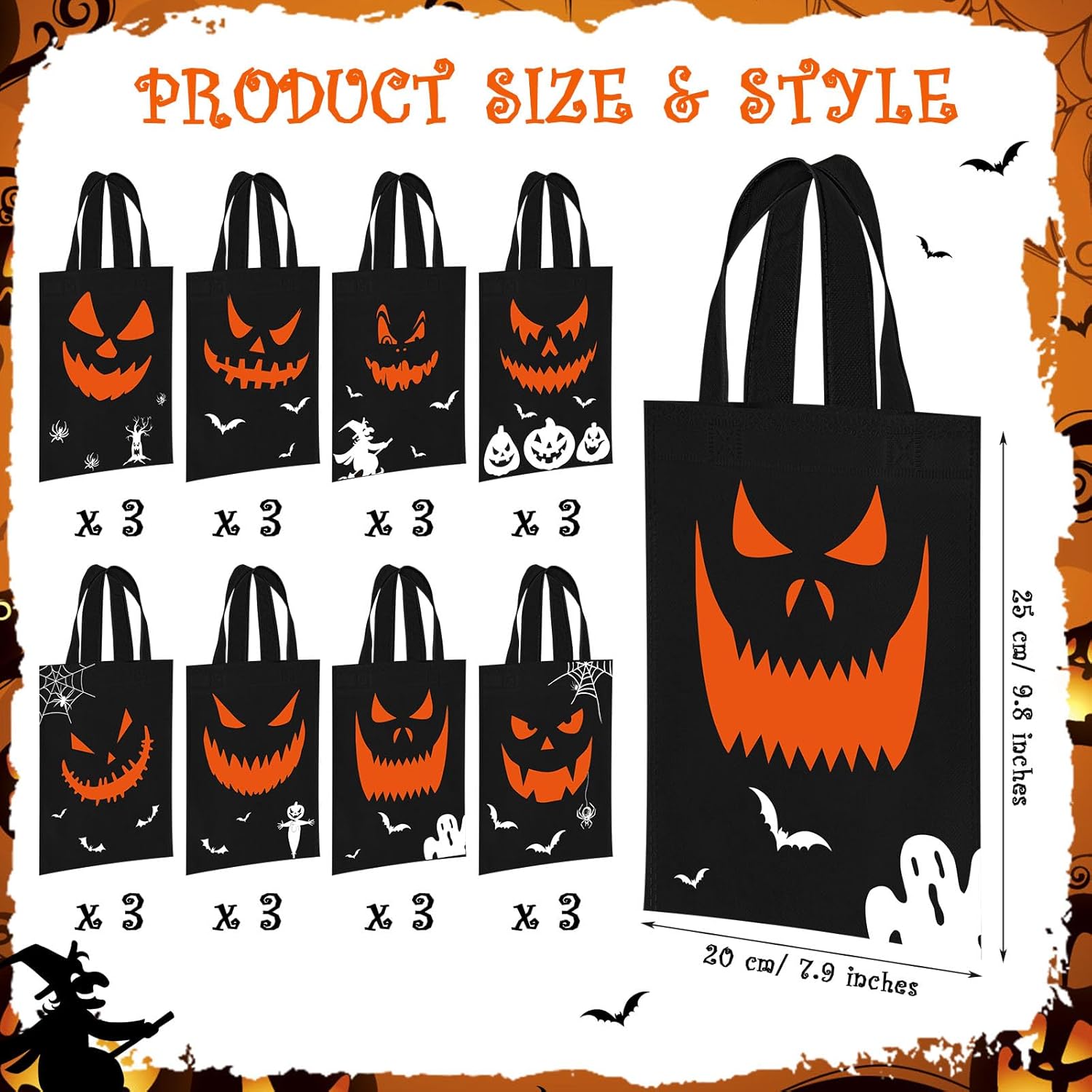 Toulite Paquete de 24 bolsas no tejidas de Halloween con asa a granel, reutilizables, bolsas de regalo de dulce o truco, calabaza, fantasma, araña,