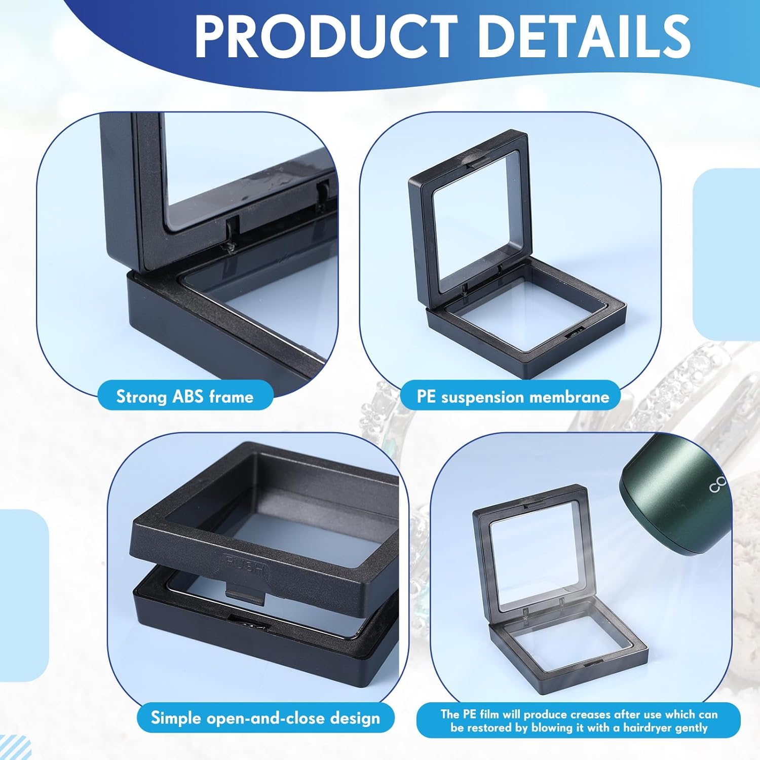 60 piezas de vitrina flotante 3D de película de polietileno para joyería, caja de almacenamiento de monedas, soportes para monedas antiguas de