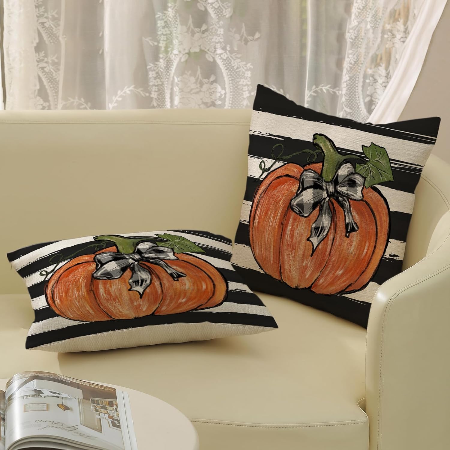 Juego de 2 fundas de almohada de otoño de 16 x 16 pulgadas, diseño de hojas de arce y rayas, decoración de otoño, de lino, Acción de Gracias, para