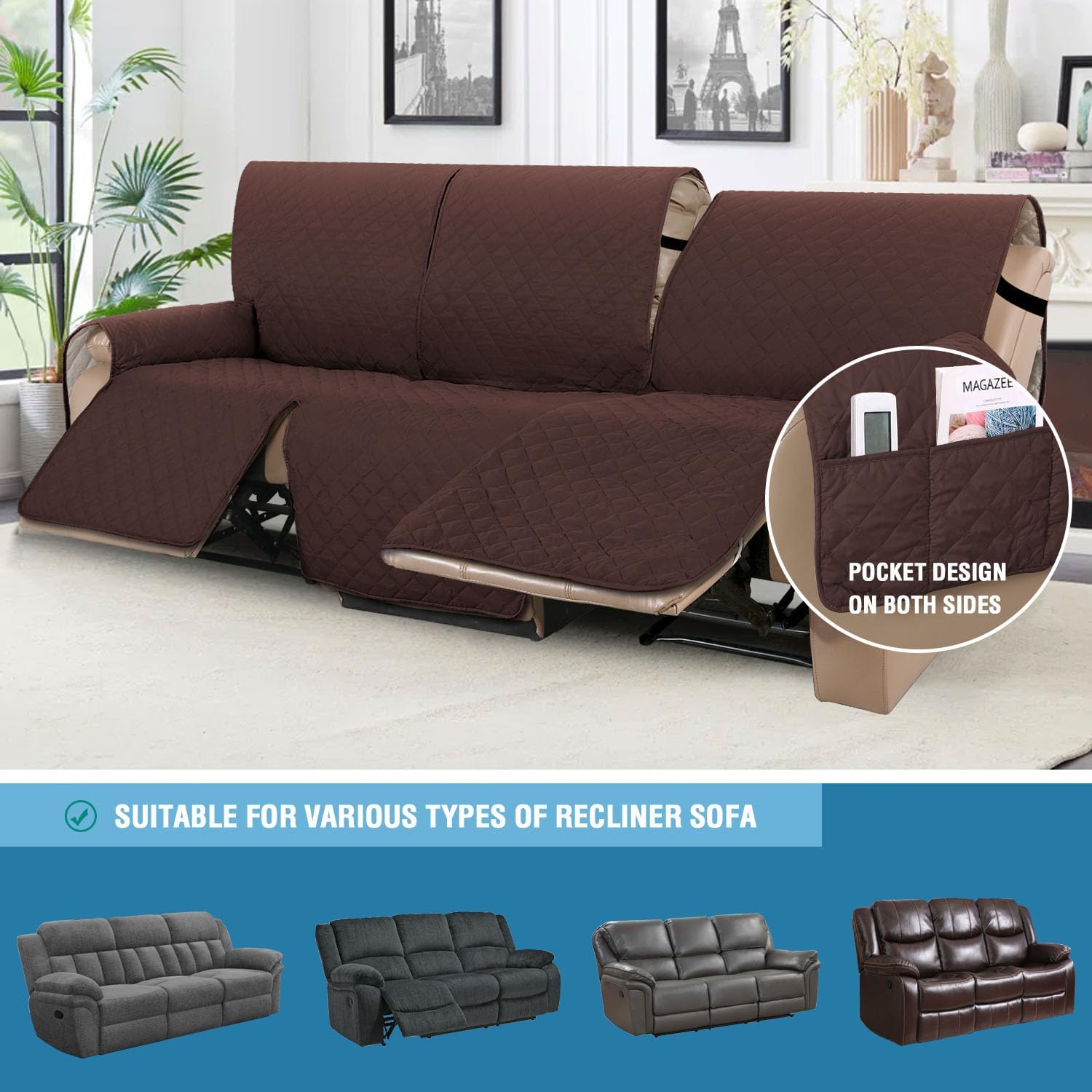 H.VERSAILTEX Funda reclinable 100% impermeable de 1 pieza para sofá reclinable de 3 cojines, funda protectora de muebles con respaldo antideslizante