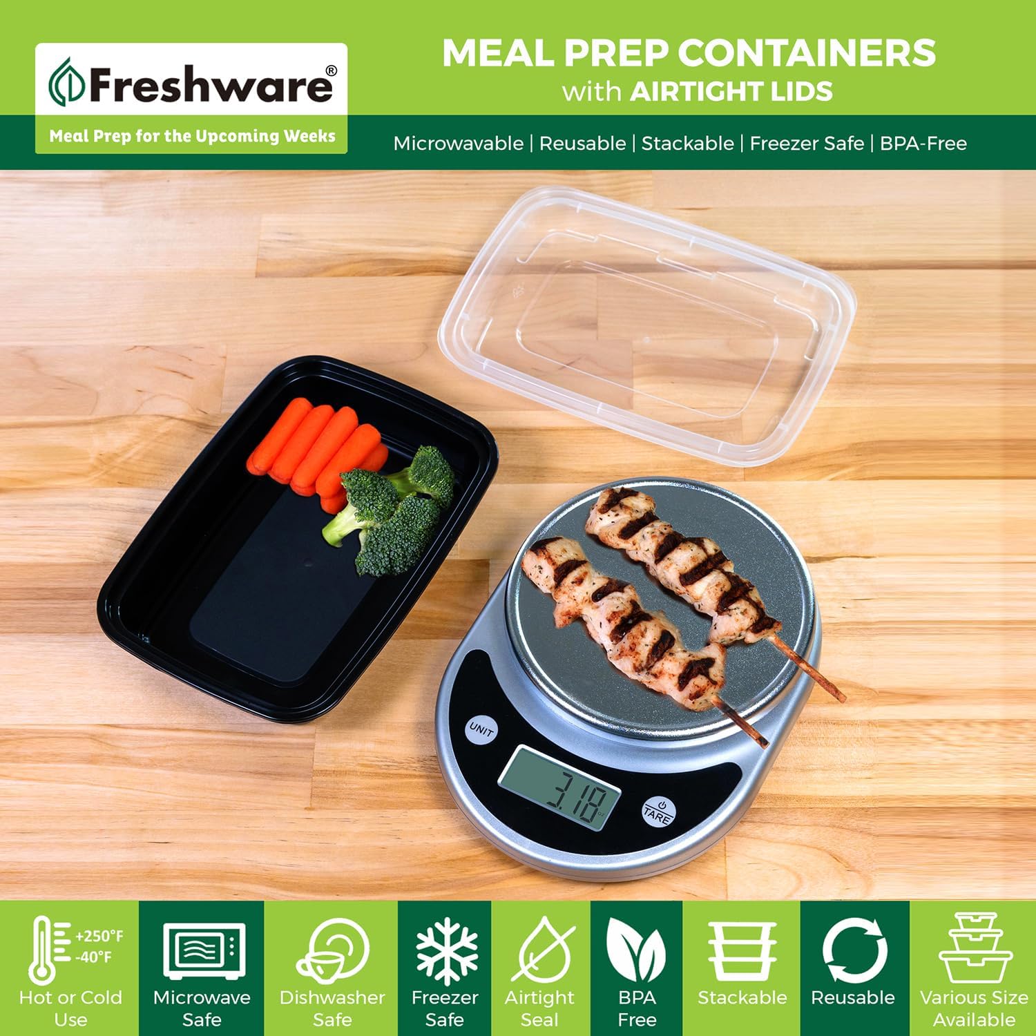 Freshware Contenedores de preparación de comidas paquete de 150 1 compartimento con tapas, contenedores de almacenamiento de alimentos, caja Bento,