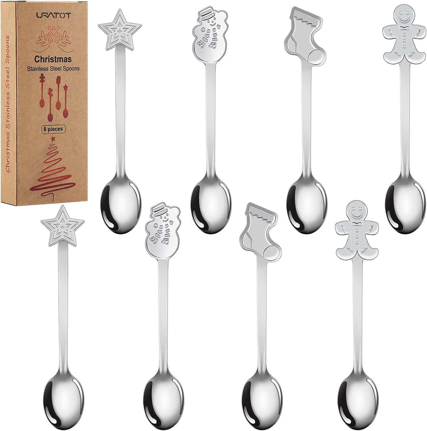 URATOT 8 cucharas de acero inoxidable para Navidad, café, té, postre, cucharas mezcladoras, rellenos de calcetines de Navidad