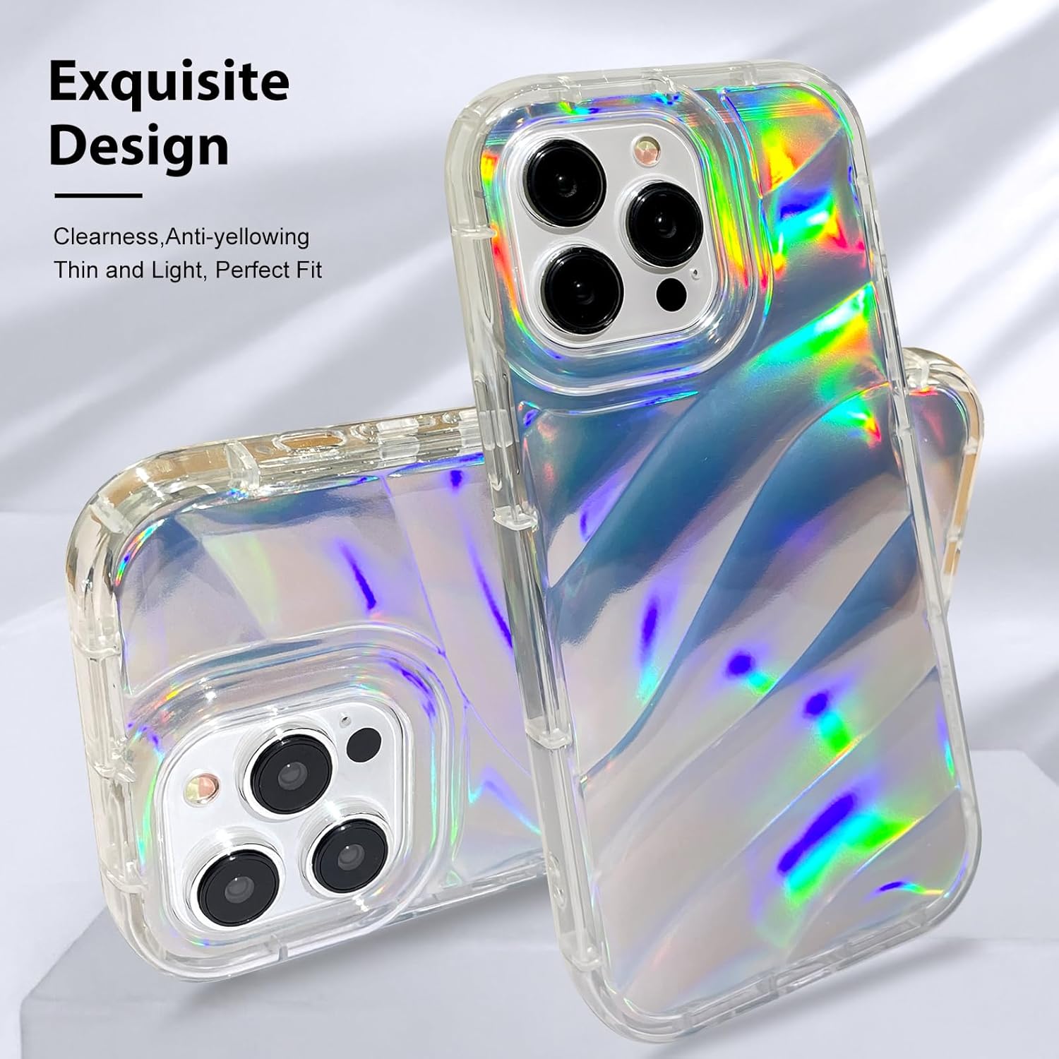 Bonoma Funda compatible con iPhone 15 Pro, funda brillante iridiscente con ondas de cristal fluorescente, protector de cámara + protector de