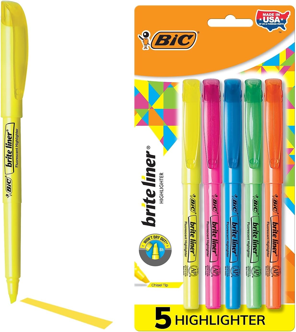 BIC BLP51WASST Brite Liner Highlighter, Chisel Tip, Assorted Colors, 5Set