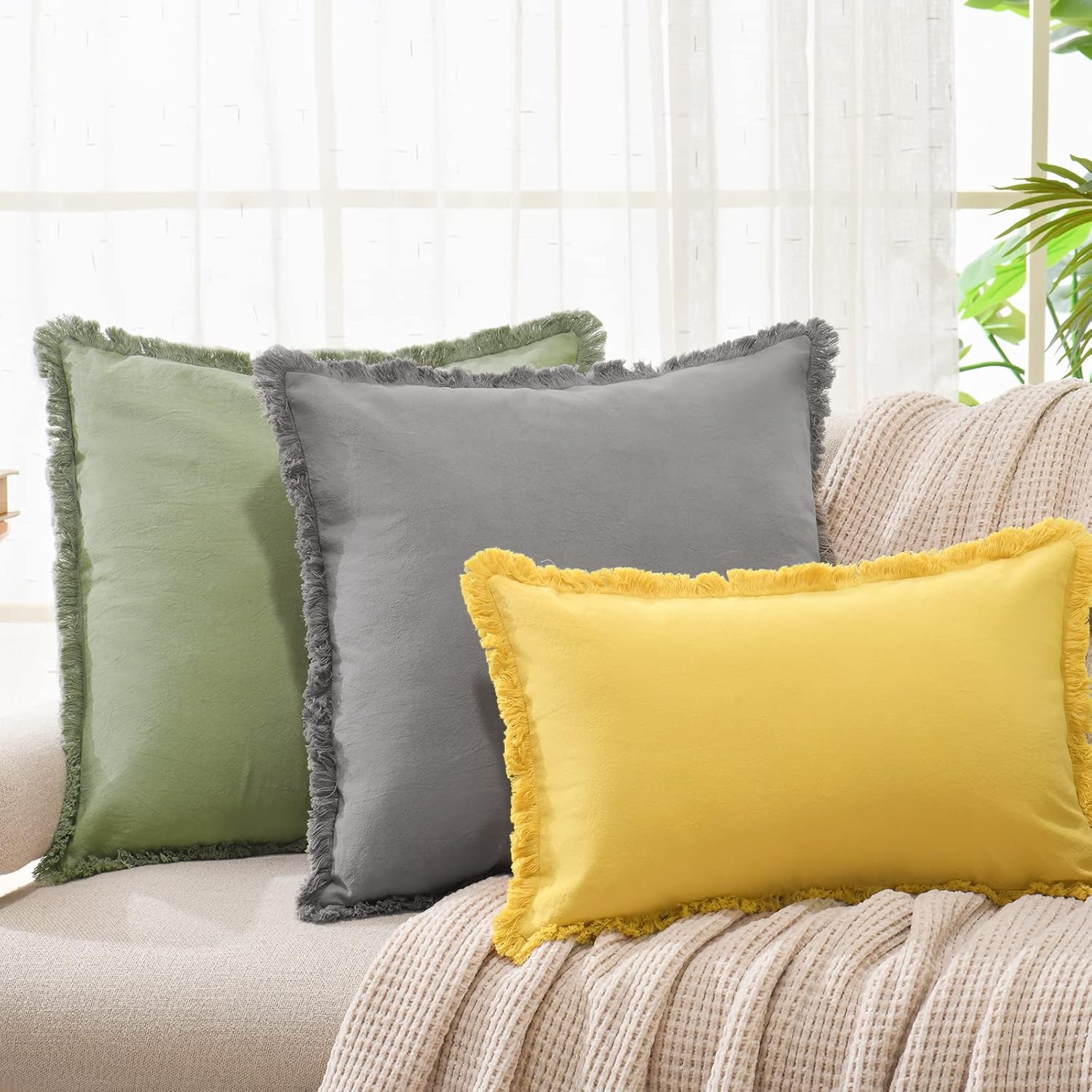 ZWJD Juego de 2 fundas de almohada de 18 x 18 pulgadas, color gris, con flecos, de algodón, decorativas, cuadradas, para sofá, cama, sala de estar,