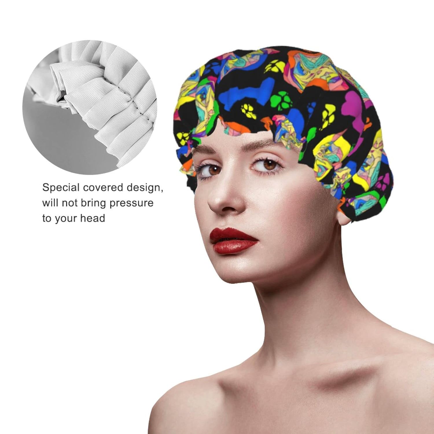 Gorro de ducha de perros coloridos para mujer, impermeable, reutilizable, forro de PEVA, ajustable, doble protección, gorro de baño elástico para