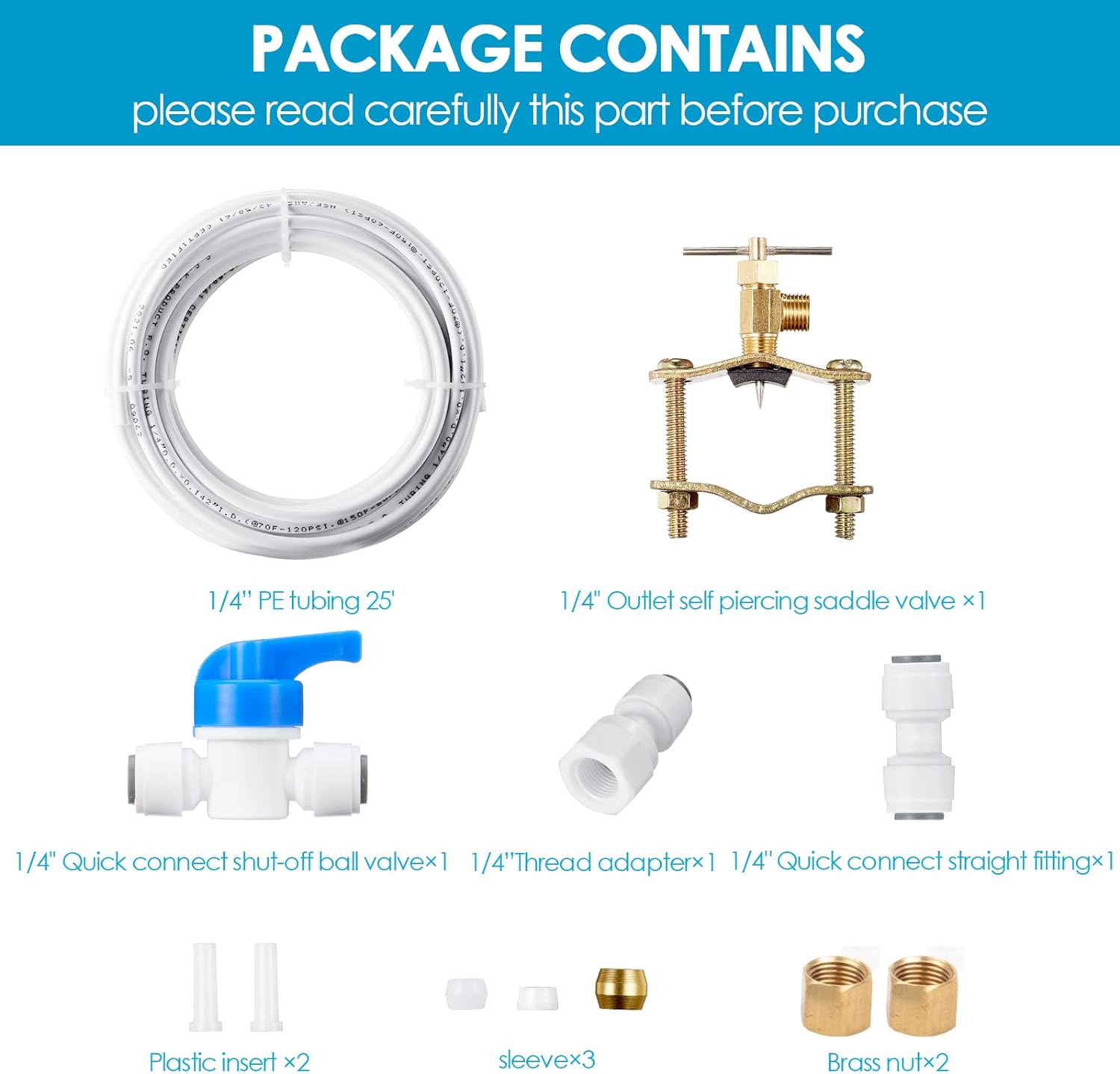 2 paquetes de línea de agua para máquina de hielo, línea de agua de 14 pulgadas de diámetro exterior de 25 pies con accesorios rápidos + válvula de