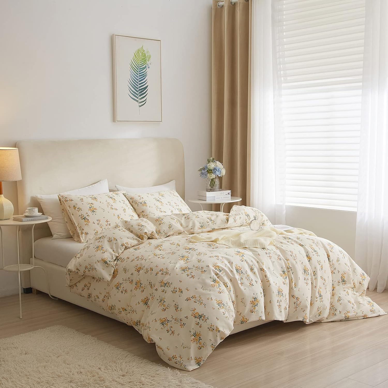 VClife Juego de funda de edredón color crema tamaño Queen  Juego de ropa de cama de algodón suave con estampado floral amarillo, cierre de