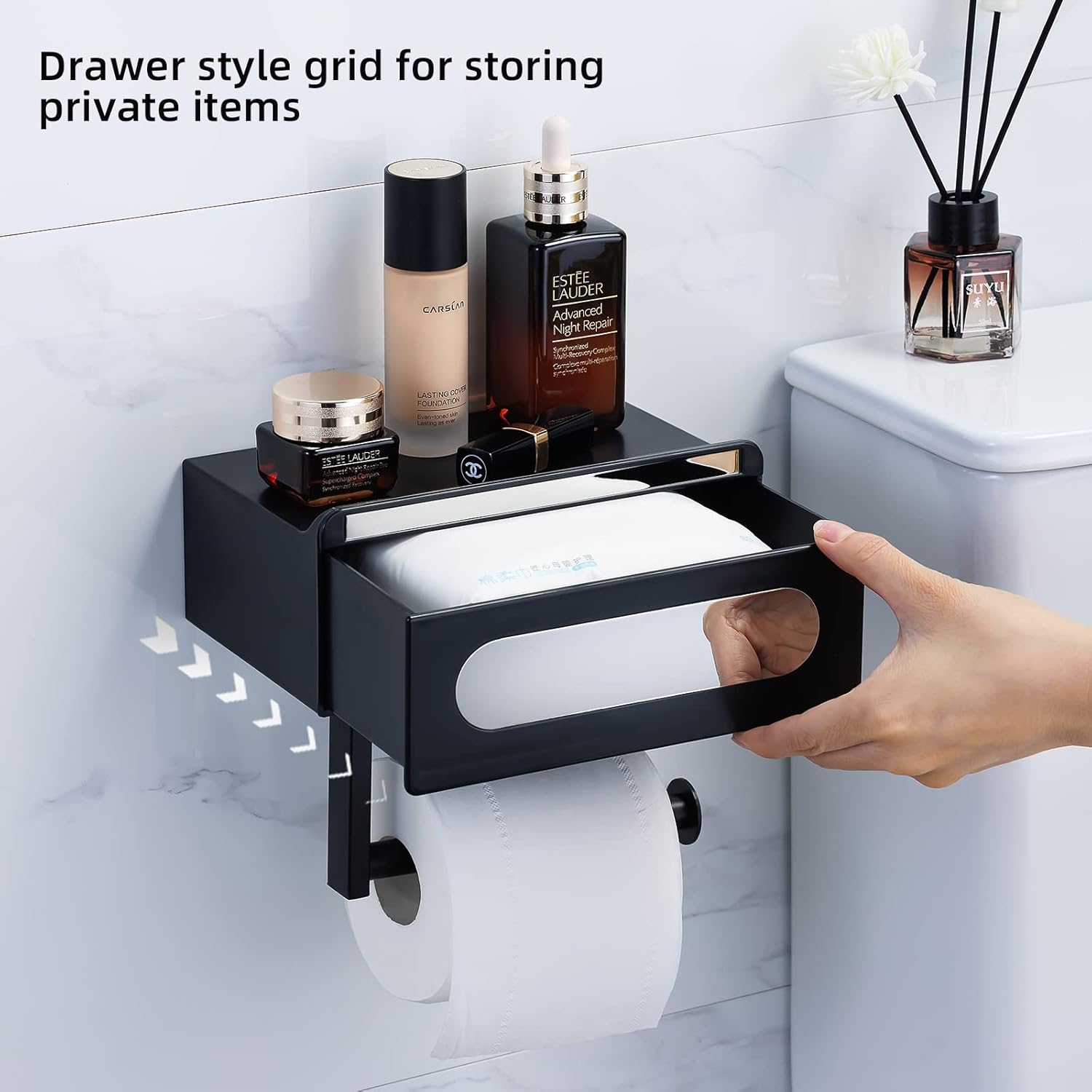 Soporte de papel higiénico autoadhesivo negro mate, material ABS de alta calidad, soporte de papel higiénico de montaje en pared con estante y caja