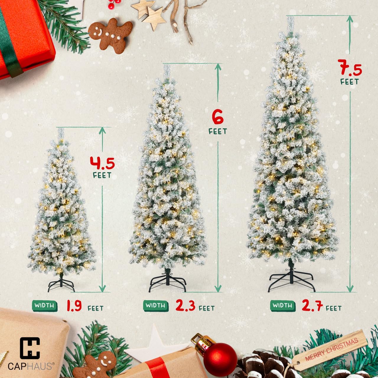 CAPHAUS Árbol de Navidad artificial preiluminado de 7.5 pies con 980 puntas de ramas prearticuladas y soporte plegable, árbol de Navidad delgado