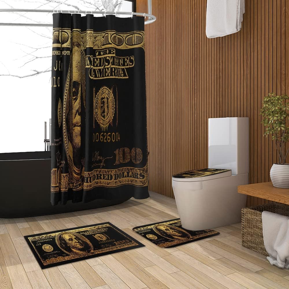 GUBIYU Juego de baño de billetes de 100 dólares de oro negro con cortina de ducha y alfombras de billetes, accesorios de baño geniales 4 piezas