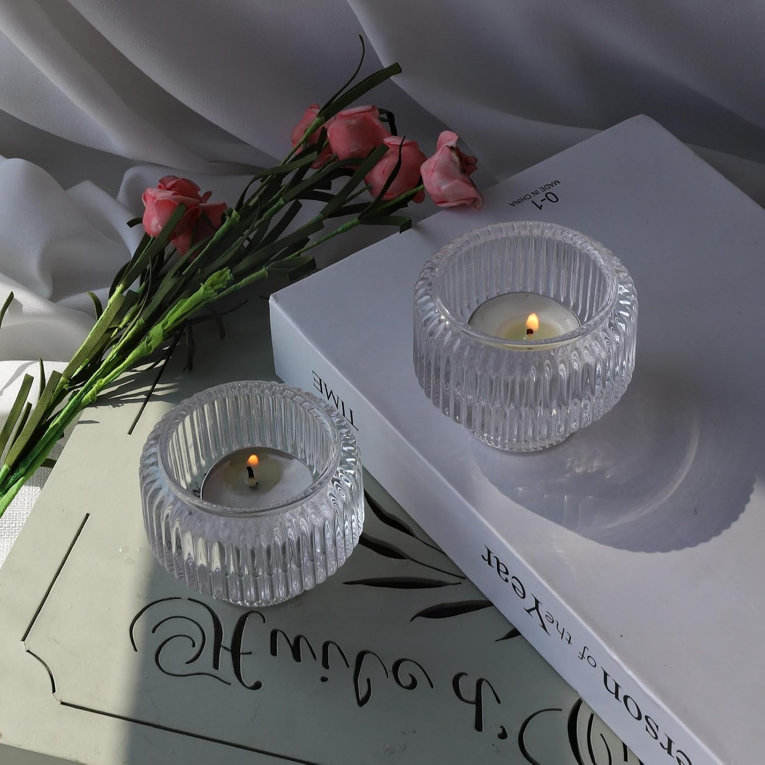 Woho Juego de 4 portavelas transparentes para mesa de boda, candelabros votivos de vidrio acanalado para fiesta de Navidad, decoración del hogar
