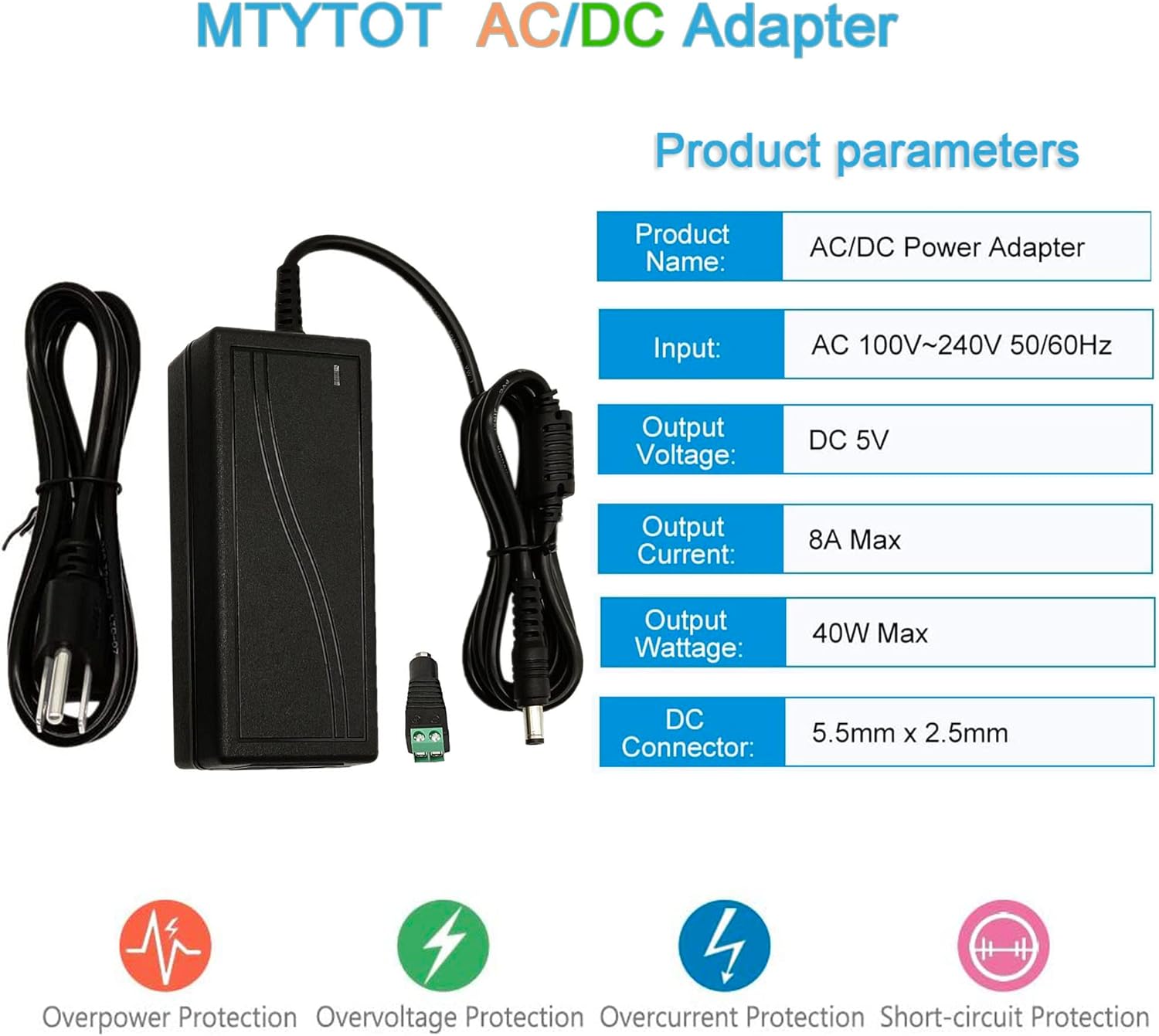 Fuente de alimentación 5V 8A 40W 100-240V AC a DC 5Volt 8Amp 6A 5A 3.5A 3A 2A Adaptador de alimentación Convertidor Transformador 0.217×0.098 in