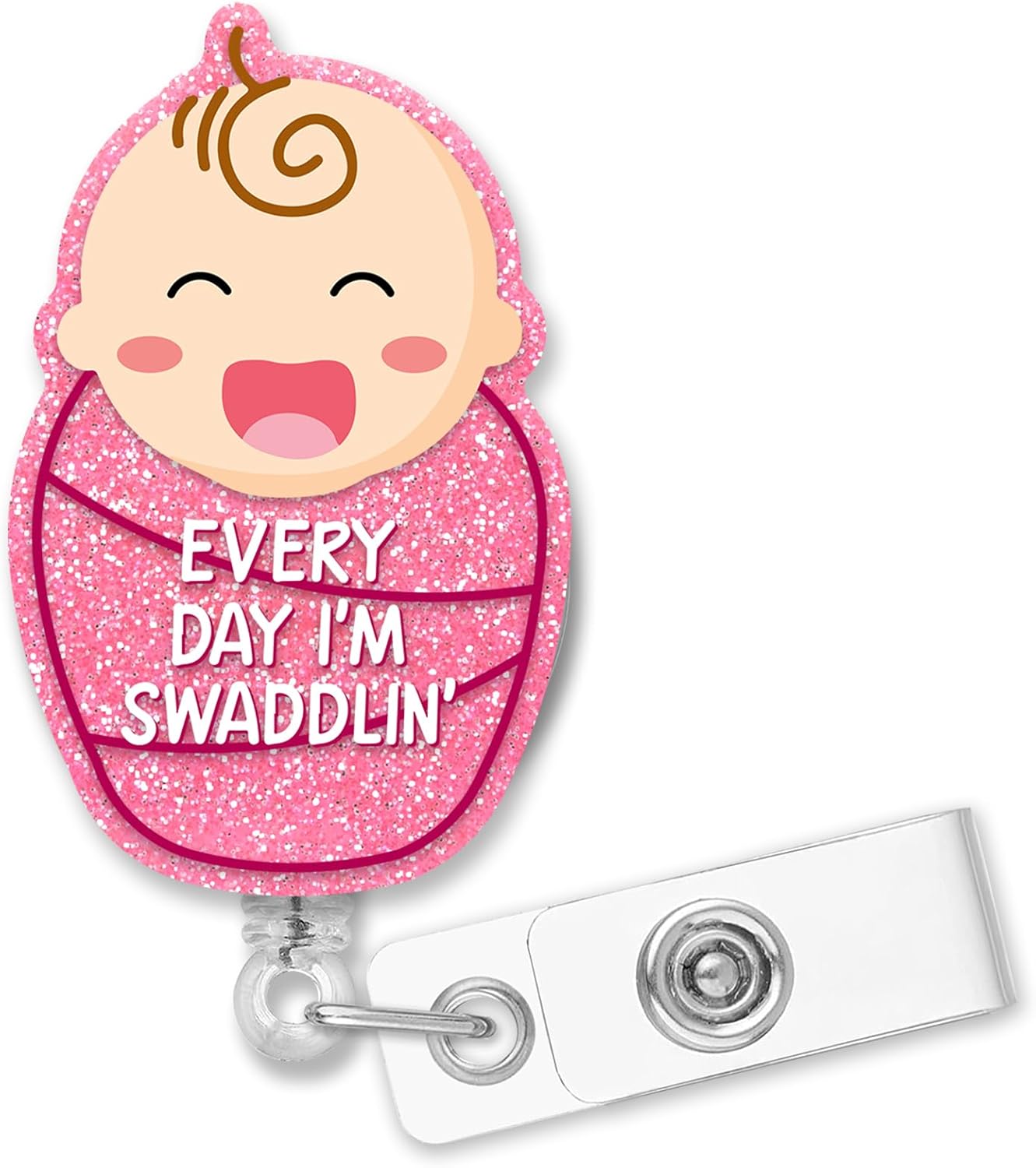 QYUVK Carrete retráctil de identificación Every Day I’m Swaddlin con clip de cocodrilo, divertido soporte de insignia de bebé con purpurina rosa,