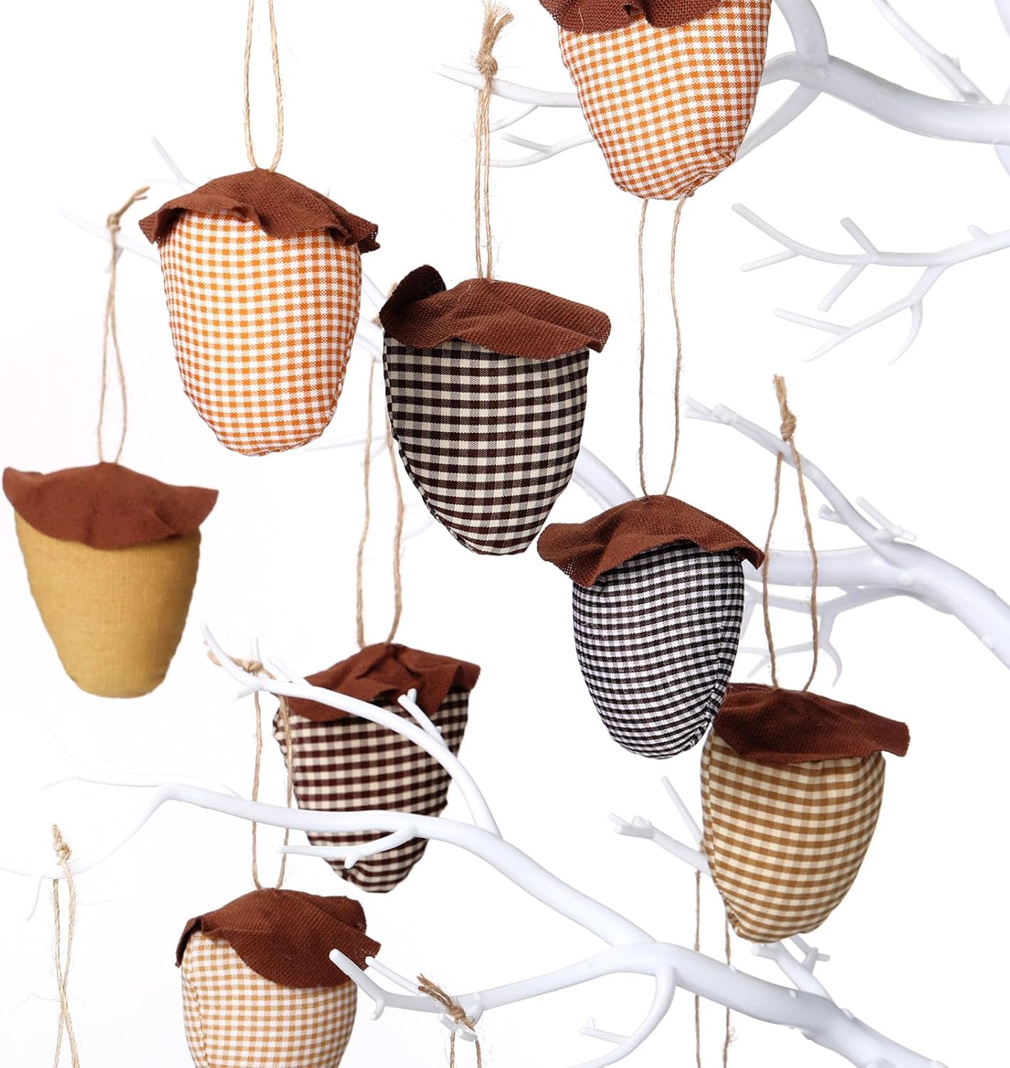 12 piezas de decoración de otoño de Acción de Gracias, tela a cuadros, bellotas y calabazas, adornos colgantes de bandeja de otoño, decoración de