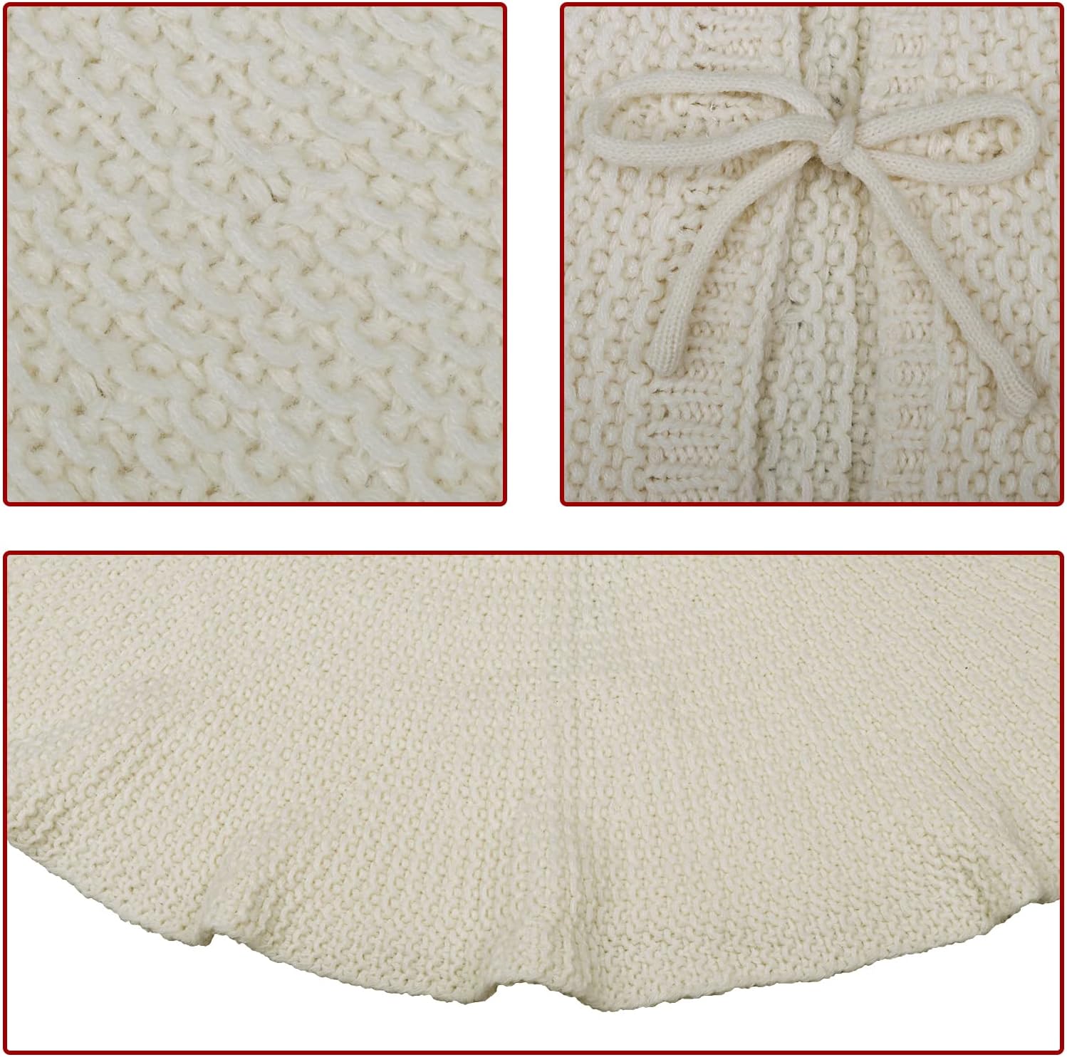 LimBridge Falda de árbol de Navidad de punto 36 pulgadas de falda de árbol blanco crema, borde de hoja de loto de punto trenzado grueso rústico