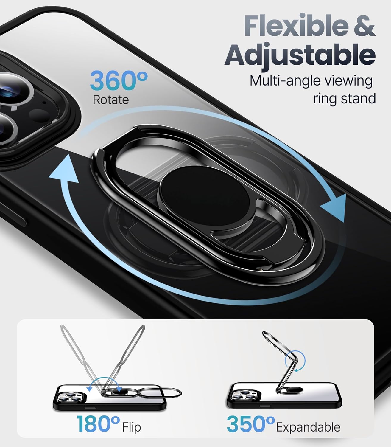 Shields Up Funda para iPhone 15 Pro con soporte, funda transparente con soporte de doble anillo ajustable y plegable a prueba de golpes para iPhone