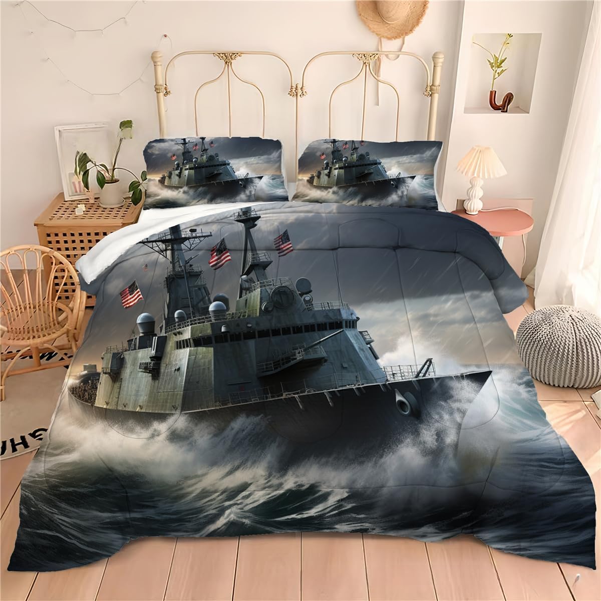 Juego de ropa de cama de combate con hélice militar de pistón en la guerra, edredón de plumón con temática militar para niños, adultos y hombres,