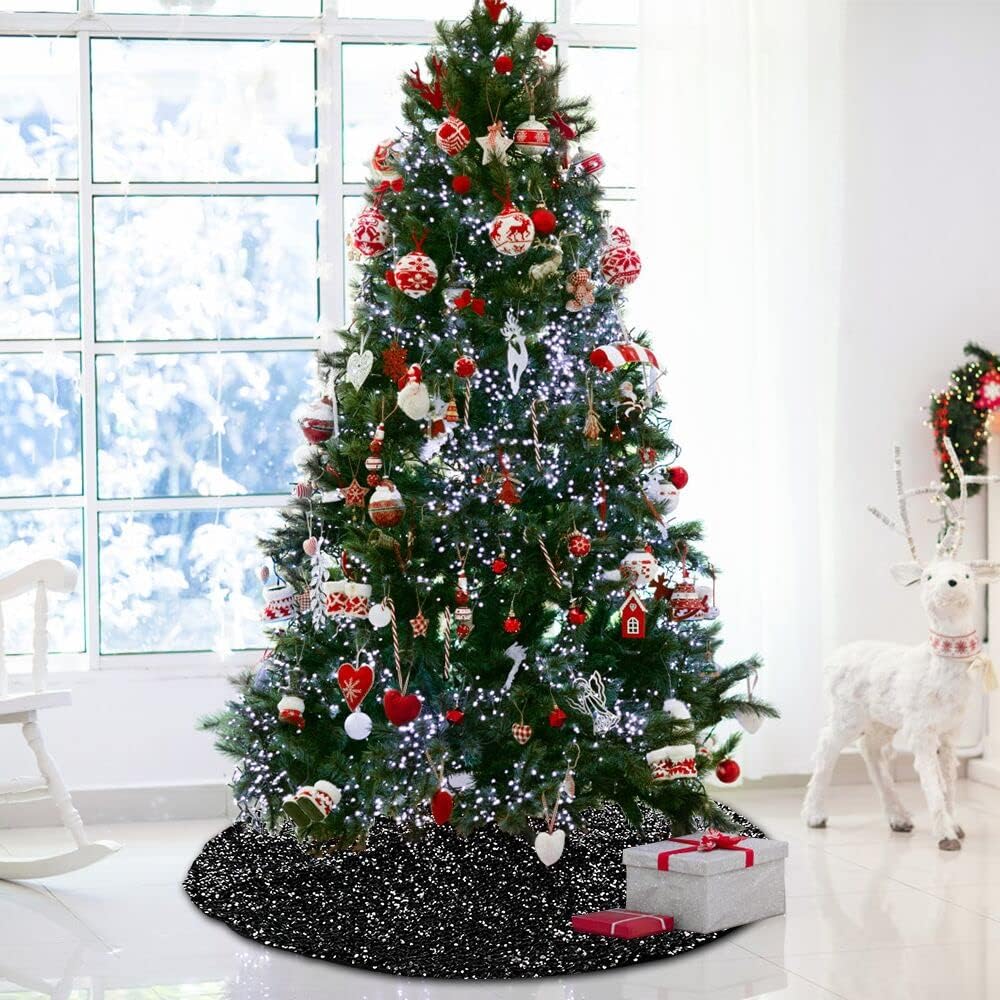 XIMISHOP Falda de árbol de lentejuelas de 48 pulgadas, falda de árbol negra plateada con purpurina para decoración de árbol de Navidad, Halloween,