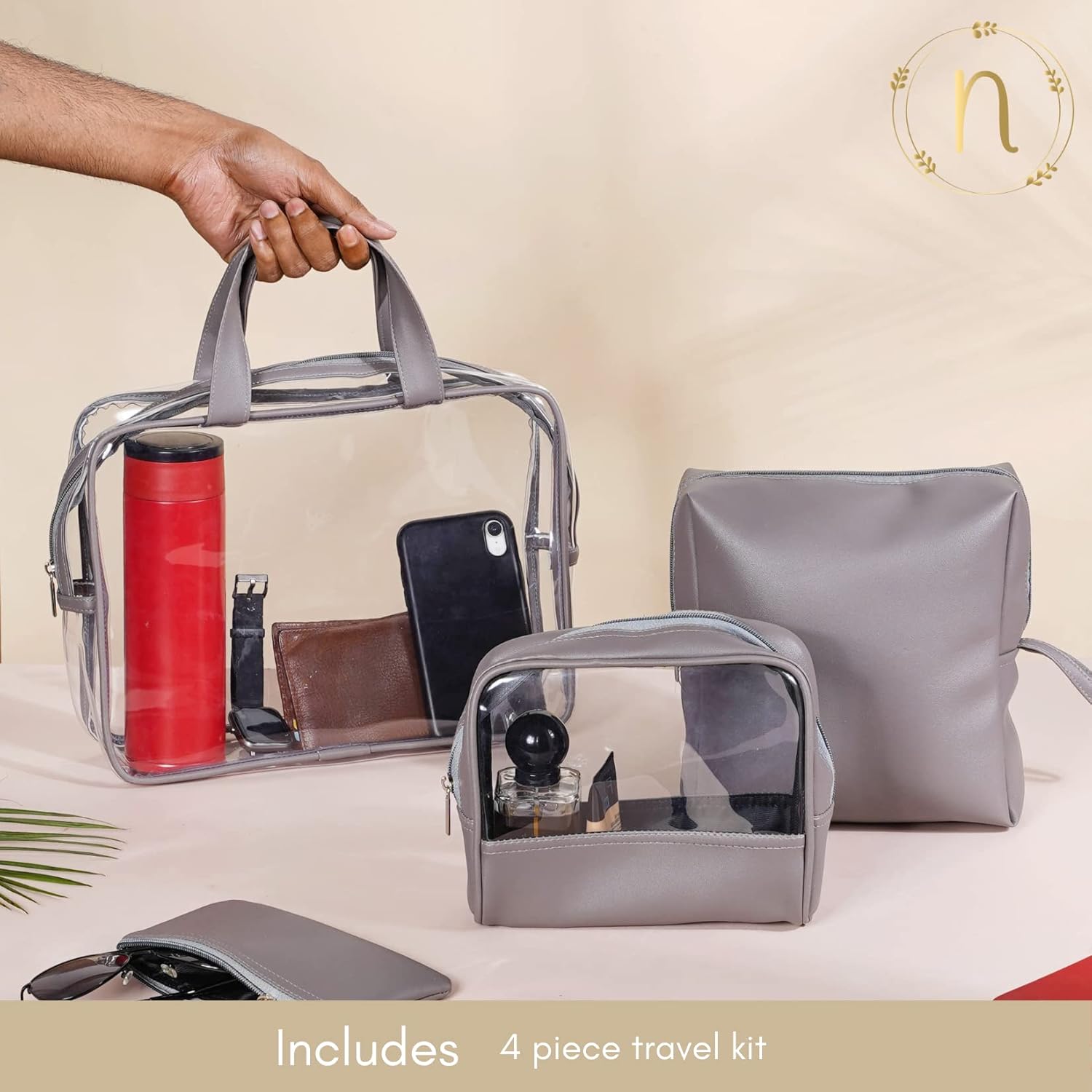 Nestasia Juego de 4 bolsas de viaje multiusos de cuero vegano para almacenamiento  Bolsas de cosméticos con cremallera, organizadores de maquillaje
